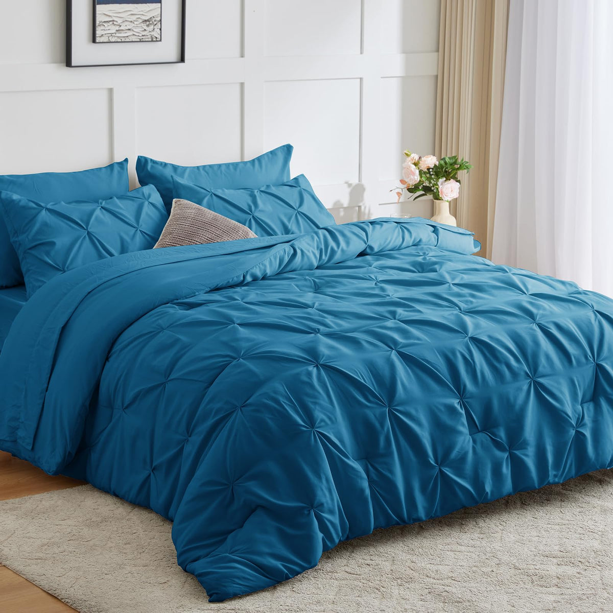 Cozylux Full Comforter Set - 7 Pieces Bed In A Bag Teal, Pintuck Pinch Pleat Bedding Sets With All Season Comforter, Flat Sheet,