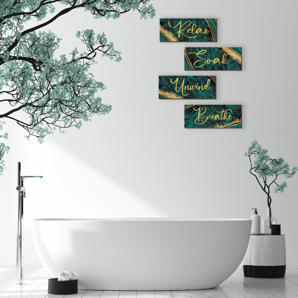 Onizhity 4 Pcs Large Green And Gold Bathroom Decor Green Gold Wall Decor Relax Soak Unwind Breathe Wood Rustic Marble Bathroom A