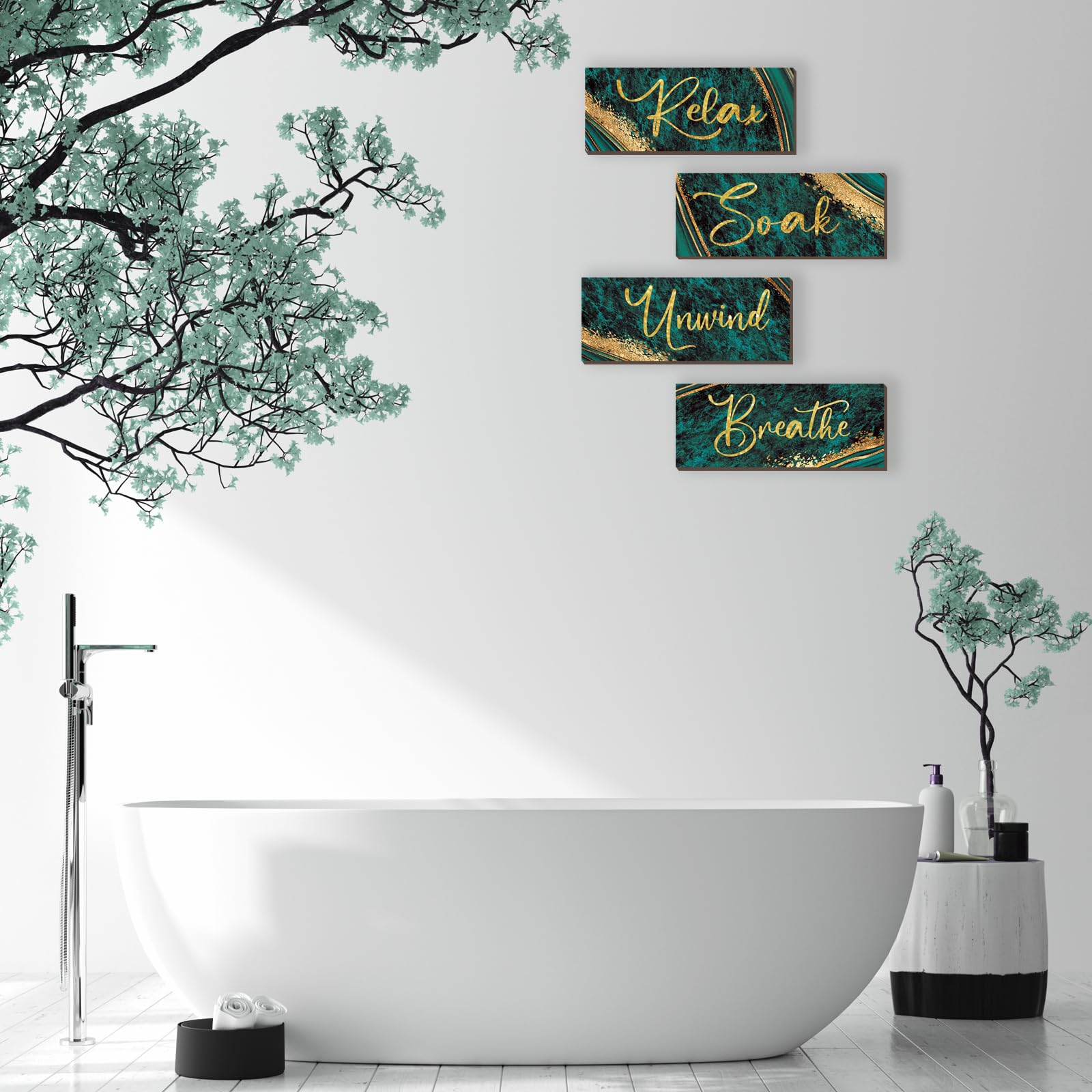 Onizhity 4 Pcs Large Green And Gold Bathroom Decor Green Gold Wall Decor Relax Soak Unwind Breathe Wood Rustic Marble Bathroom A