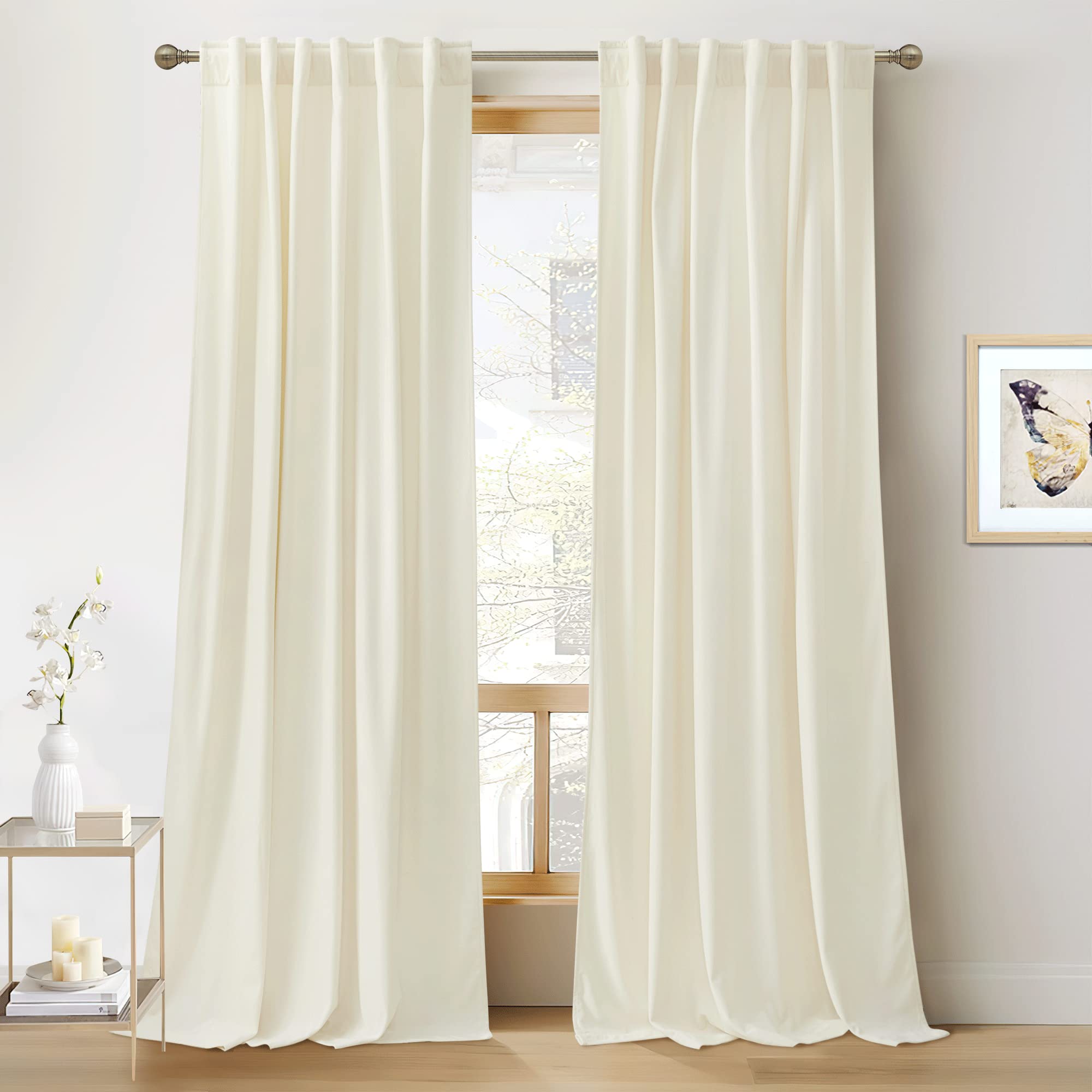 Ryb Home Velvet Curtains 102 Inches Long, Back Tab Room Darkening Noise Reducing Window Treatment For Living Room Bedroom Privacy Protect For Stuido, Cream White, W52 X L102 Inch, 2 Panels