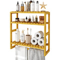 Galood Over The Toilet Storage Bathroom Shelves Wall Mounted 3 Tier Space Saver Corner Shelf Organizer Bamboo Towel Rack Toilet Paper Cabinet With Hanging Rod Yellow