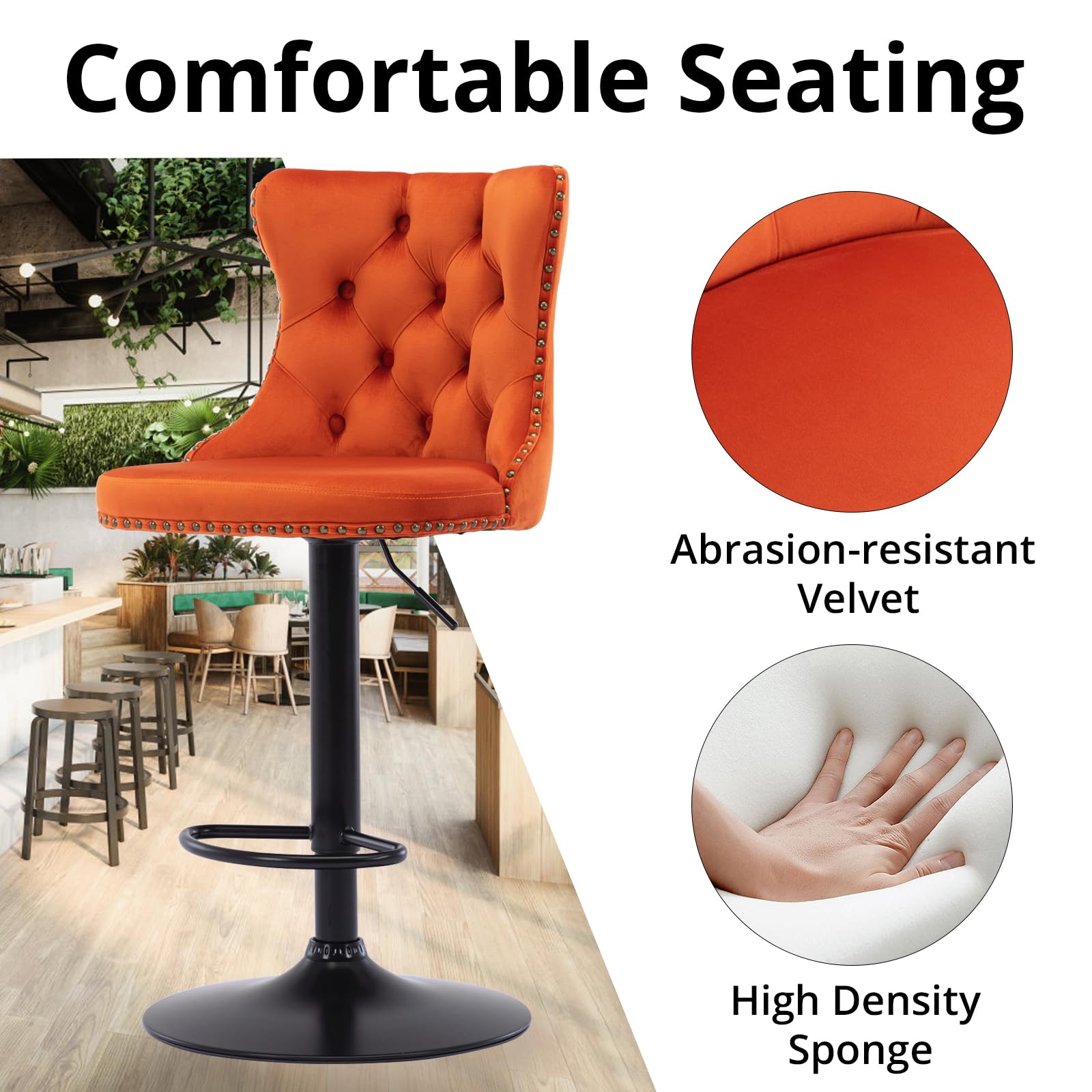 I-Pook Swivel Bar Stools Set Of 2, Adjustable Counter Height Barstools With Nailheads Trim, Button Tufted Back And Black Footrest, Velvet Bar Chairs For Dining Room Home Bar Kitchen Island, Orange