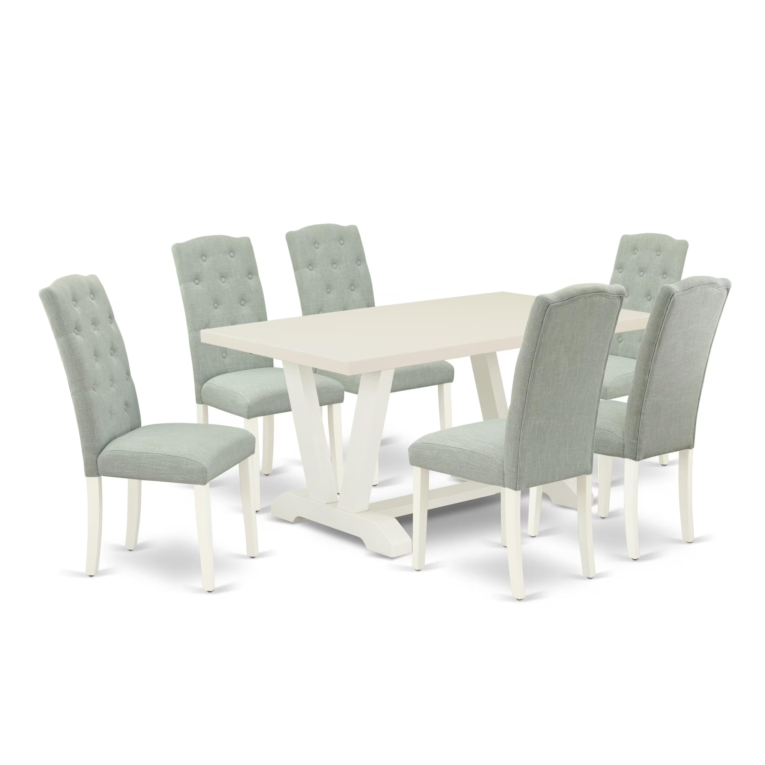 East West Furniture V026Ce215-7 7 Piece Dinette Set Consist Of A Rectangle Dining Room Table With V-Legs And 6 Baby Blue Linen Fabric Upholstered Parson Chairs, 36X60 Inch, Multi-Color