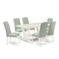 East West Furniture V026Ce215-7 7 Piece Dinette Set Consist Of A Rectangle Dining Room Table With V-Legs And 6 Baby Blue Linen Fabric Upholstered Parson Chairs, 36X60 Inch, Multi-Color