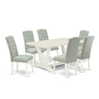 East West Furniture V026Ce215-7 7 Piece Dinette Set Consist Of A Rectangle Dining Room Table With V-Legs And 6 Baby Blue Linen Fabric Upholstered Parson Chairs, 36X60 Inch, Multi-Color