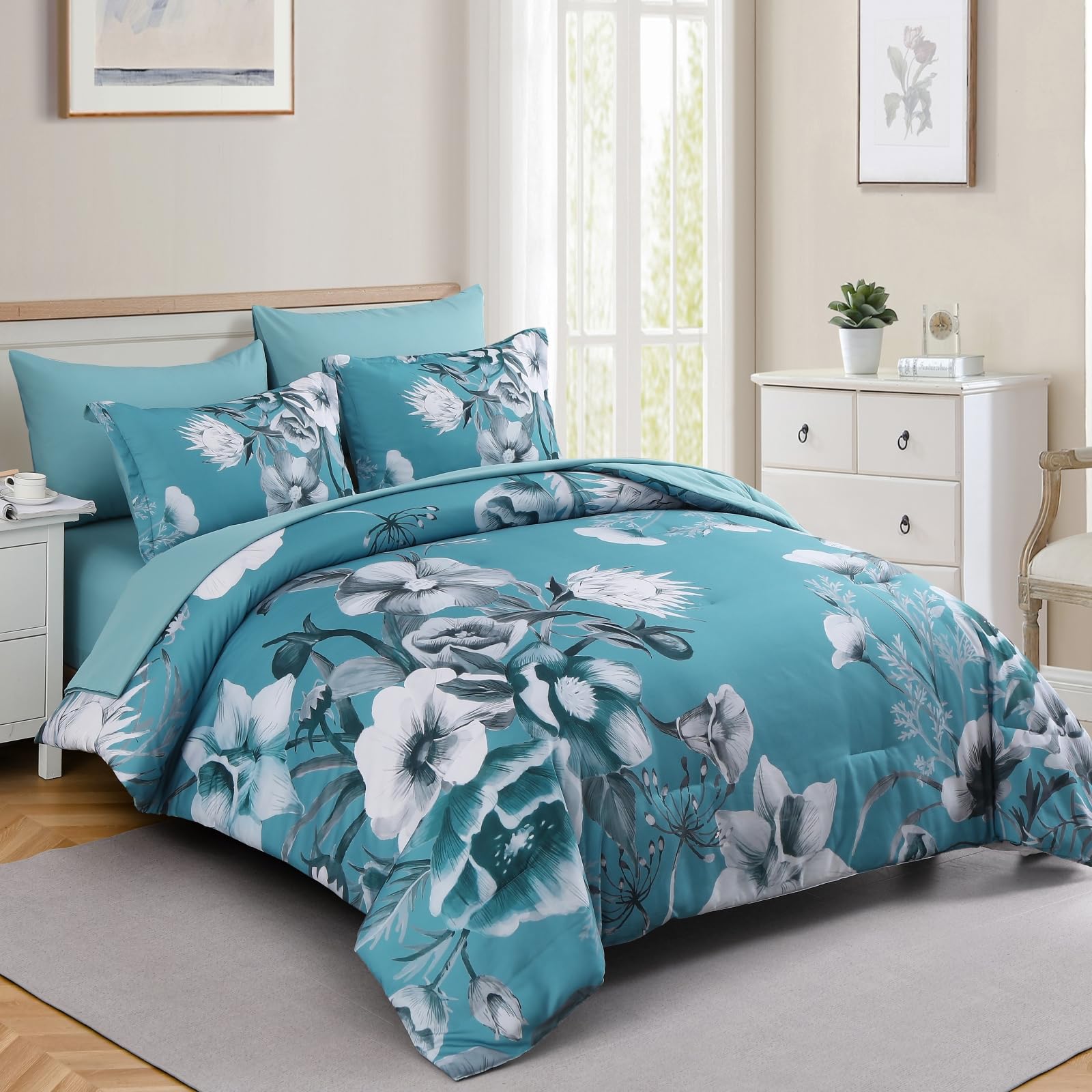 Luxudecor Floral Comforter Set King Size 7 Piece, Teal Blue Flower Bed In A Bag, Elegant Comforter Bedding Set For All Season (T
