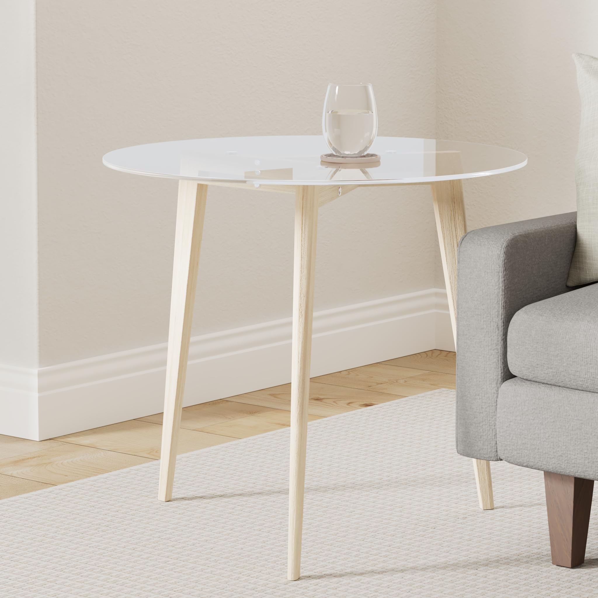 vidaXL Stylish Round Dining Table with Tempered Glass Tabletop and Solid Oak Wood Legs for Kitchen or Dining Room, Transparent Brown, 31.5 Diameter