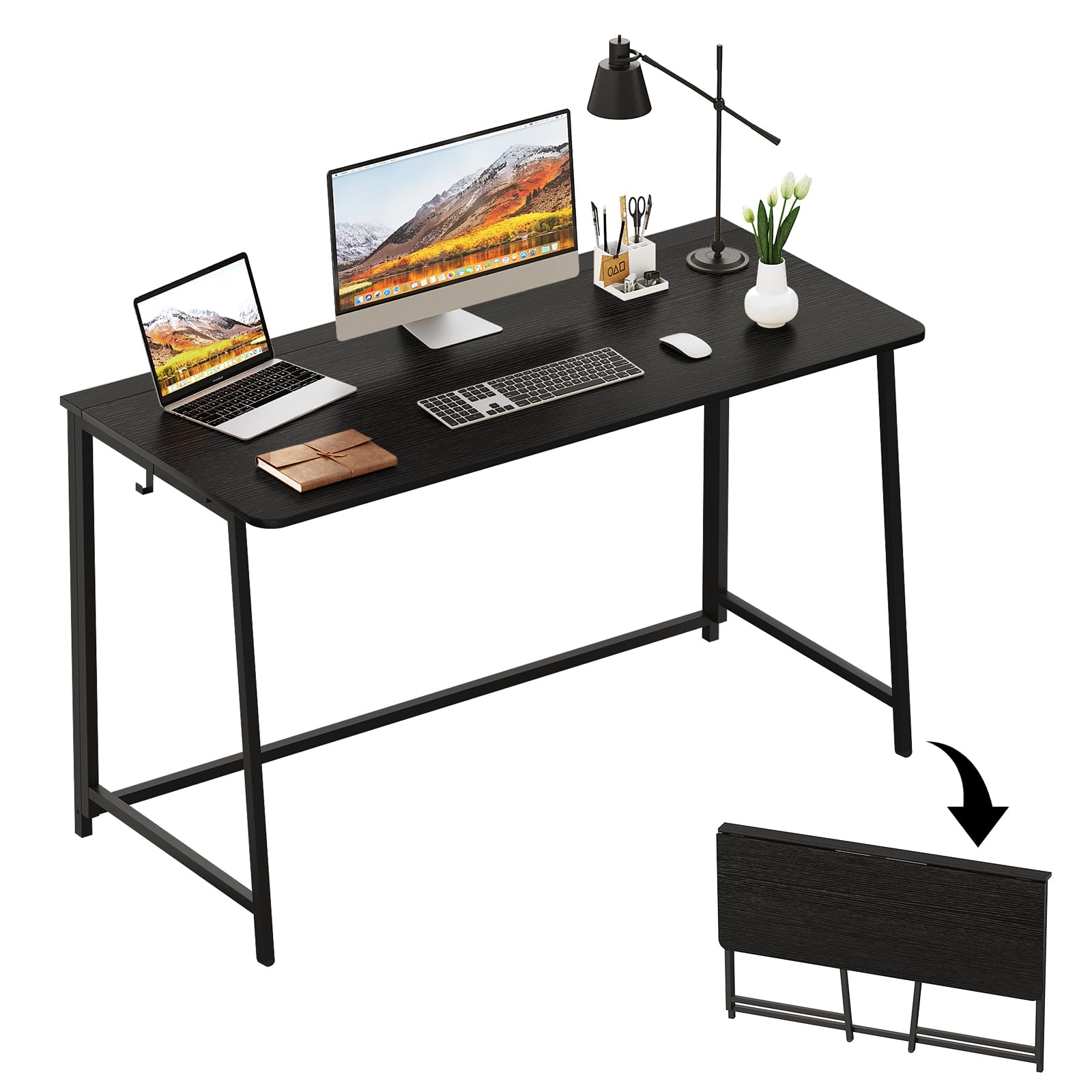 Wohomo Folding Desk, 47.2' Foldable Computer Desk For Bedroom, Space Saving Computer Table Writing Workstation For Home Office, Easy Assembly, Black
