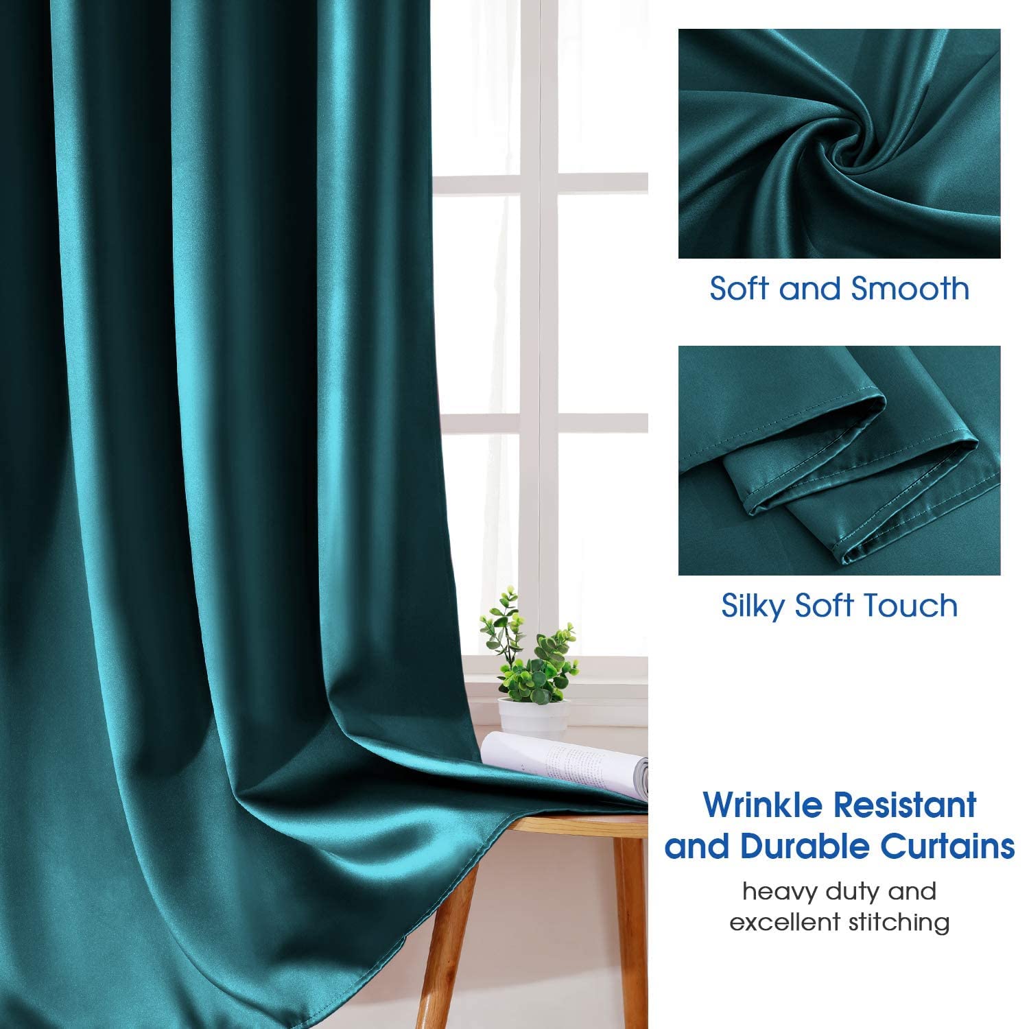Homeideas 2 Panels Faux Silk Curtains Teal Blackout Curtains For Bedroom 52 X 108 Inch Room Darkening Satin Drapes/Curtains, The