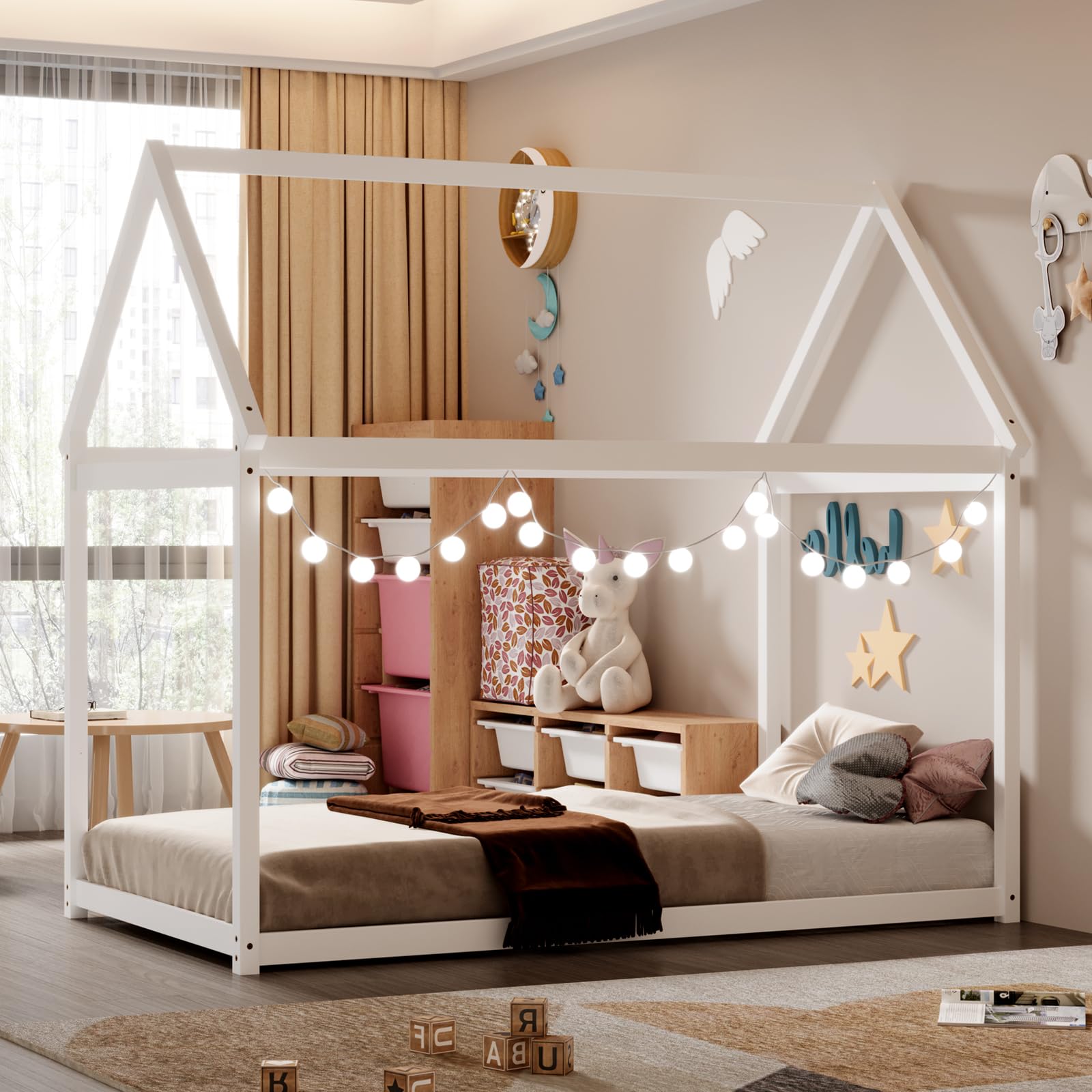 Giantex Twin House Bed, Wood Montessori Bed Frame With House Roof Canopy, Low Floor Bed With Sturdy Wood Slat Support, No Box Spring Needed, Twin Playhouse Bed For Kids Teens Boys Girls (White)