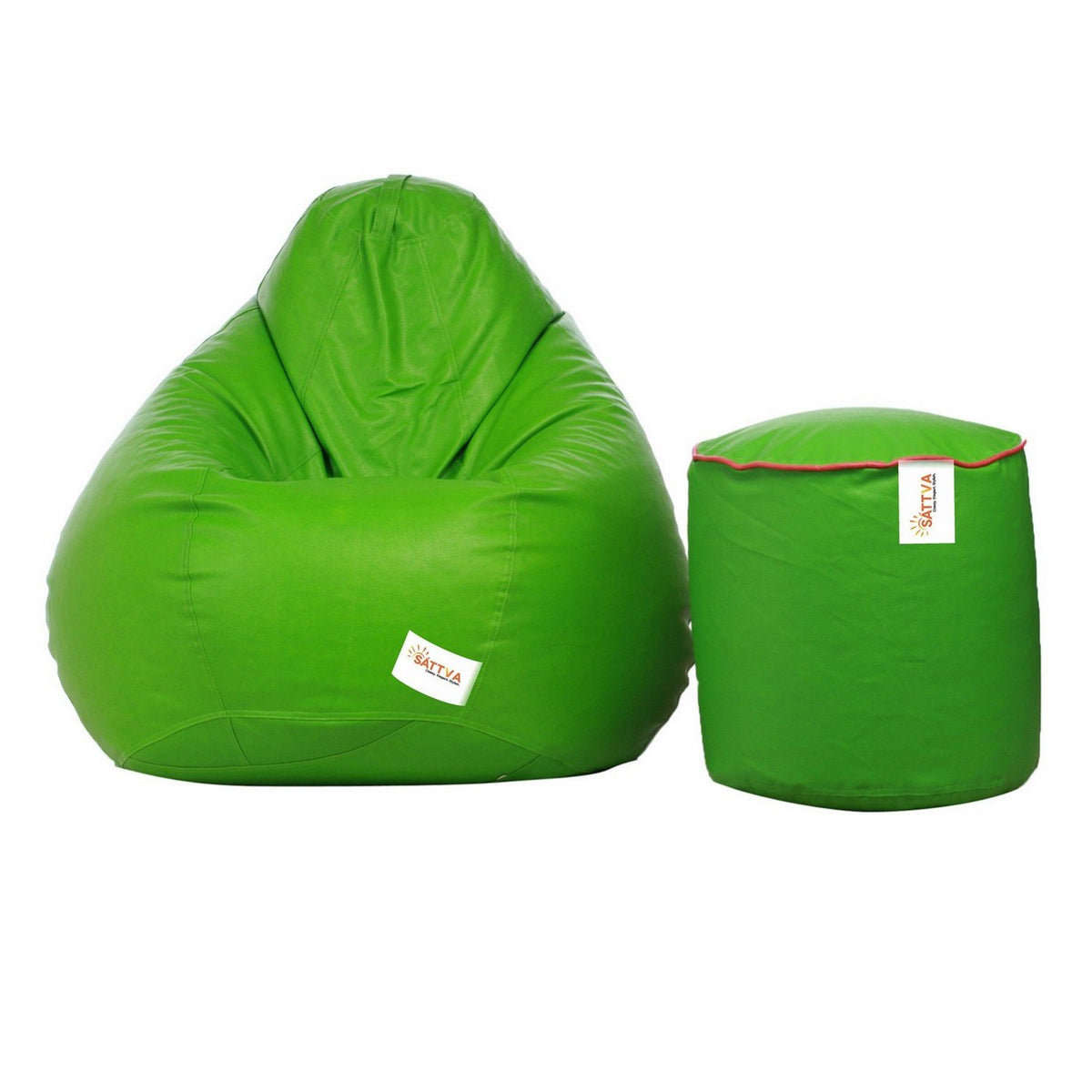 Sattva Combo Classic XL Bean Bag Cover Neon Green and Round Footstool (Without Beans)  Neon Green with Pink Piping