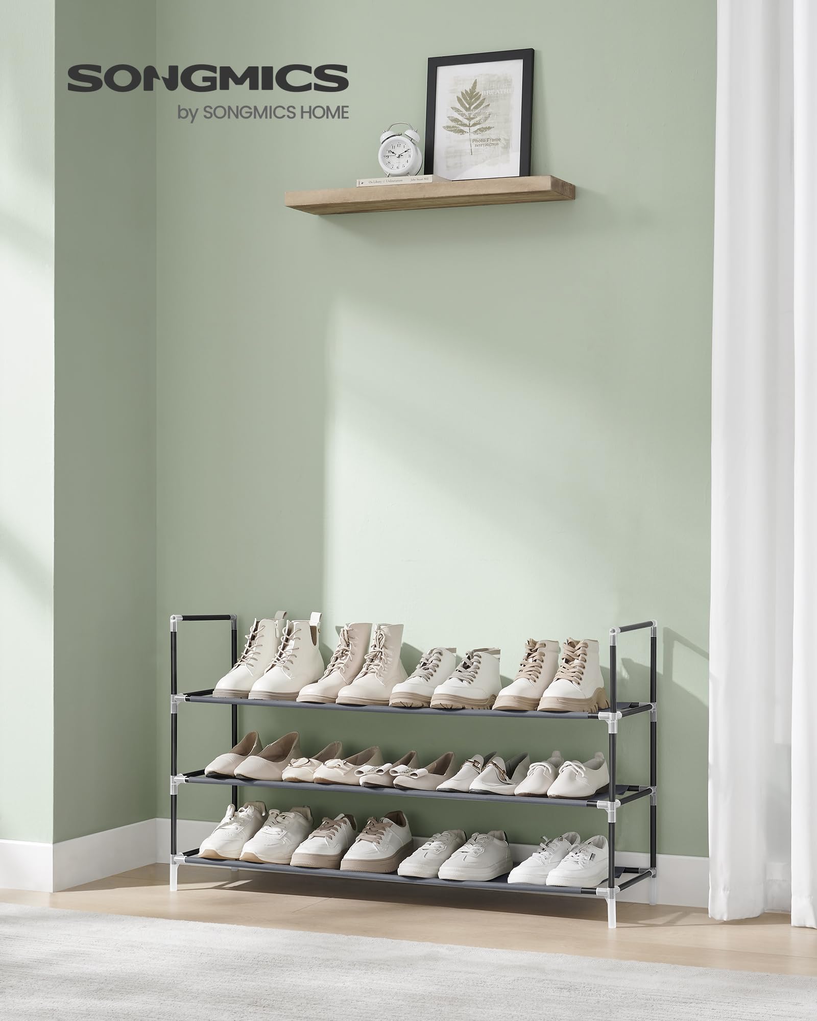 Songmics 3-Tier Shoe Rack, Shoe Storage For Hallway Closet, Slim And Space-Saving, Metal Frame, Non-Woven Fabric Shelves, Dove Gray And Ink Black Ulsh053G01