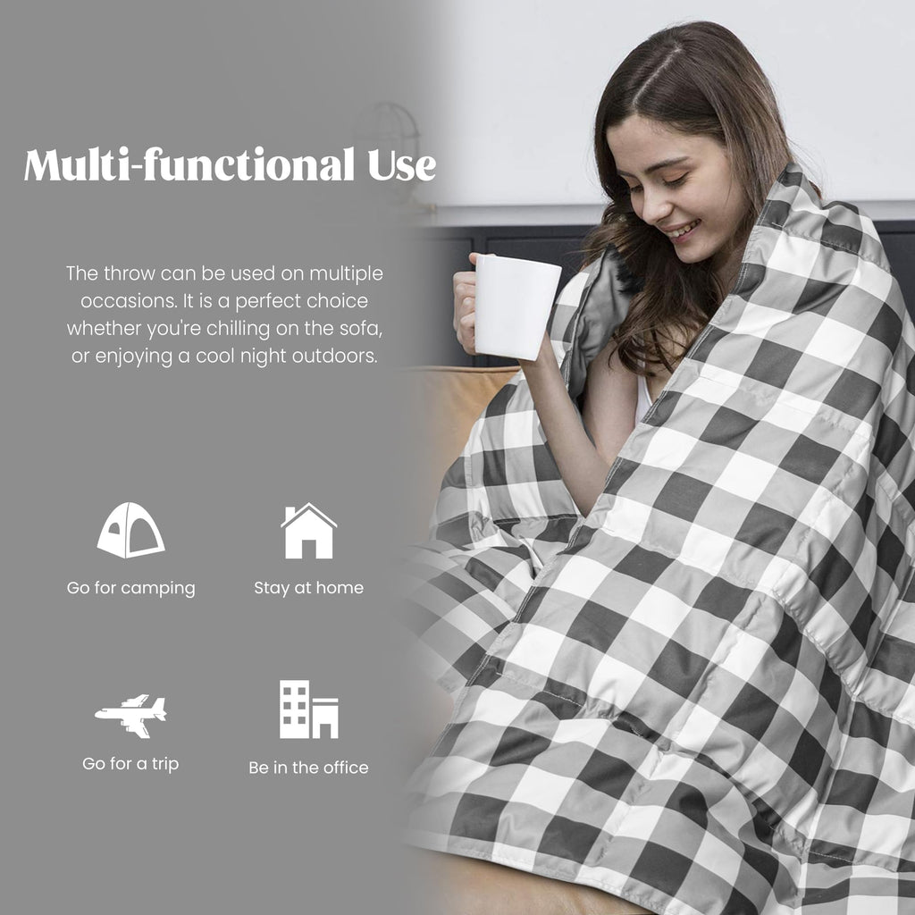 Puredown Checkered Feather Down Throw Blanket Lightweight Packable Buffalo Plaid Throw For Indoor And Outdoor Use, 50''X70'', Bl