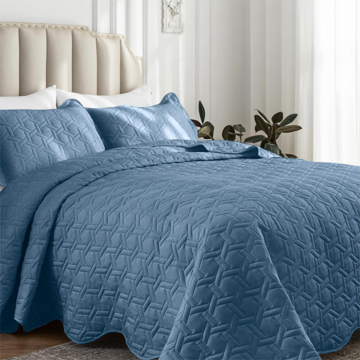 Auemtyn King Size Quilt Set 3 Pieces, Soft Lightweight Summer Bedspread, Reversible Microfiber Bed Coverlet For All Seasons, Blu