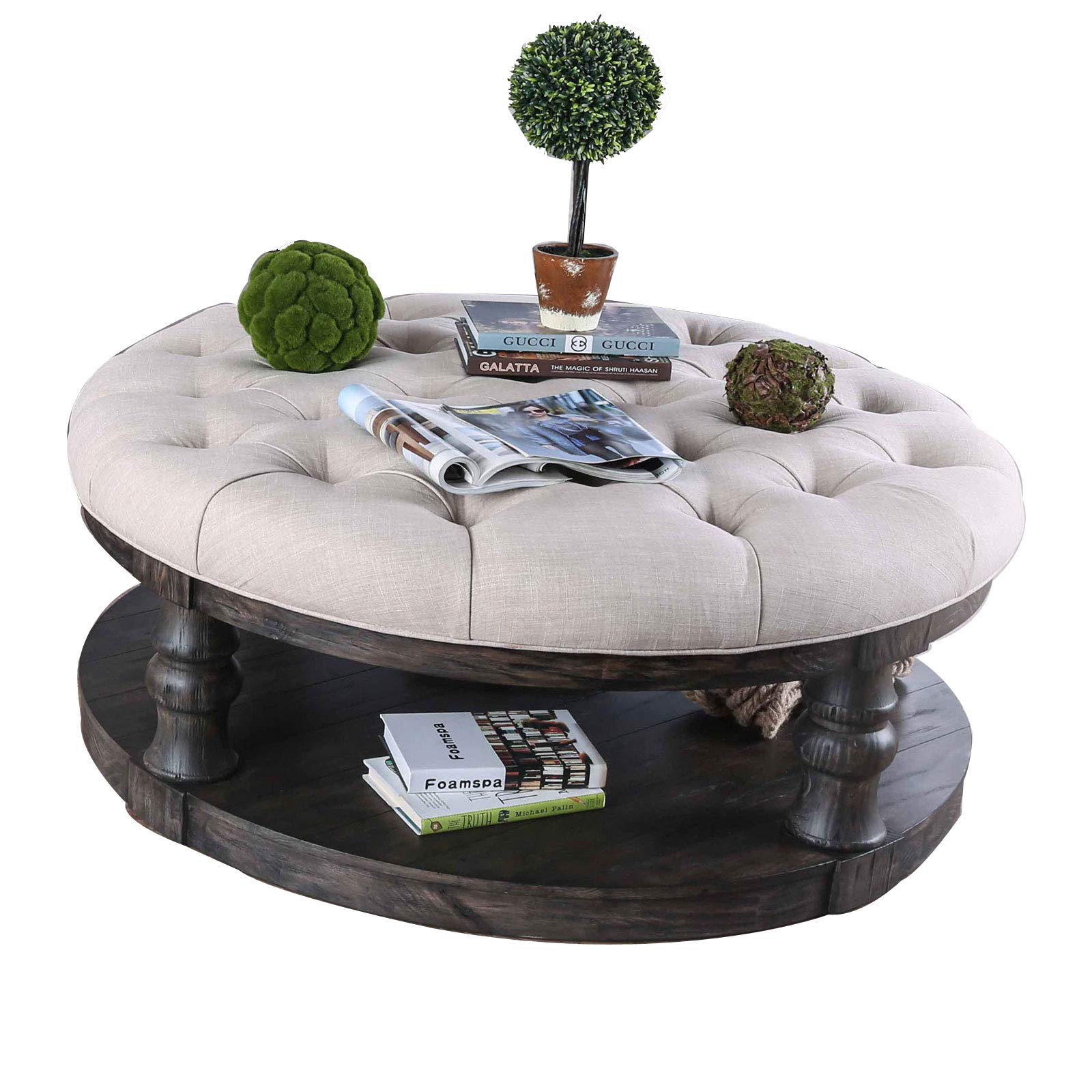 Benjara, Brown And Beige Wooden Coffee Table With Padded Top And Bottom Shelf