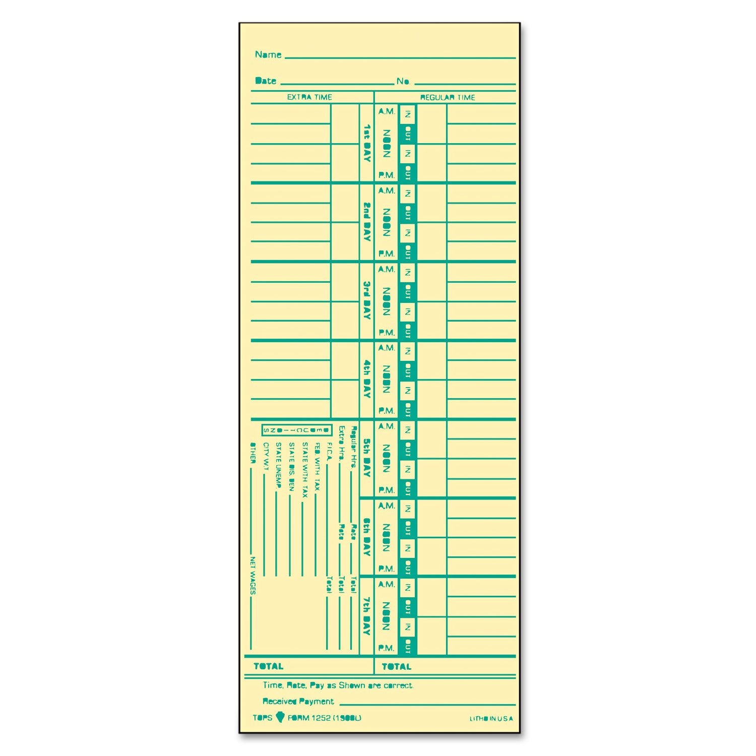 Tops Time Cards , Weekly, 1-Sided, Numbered Days, 3-1/2' X 9', Manila, Green Print, 500-Count (1252)