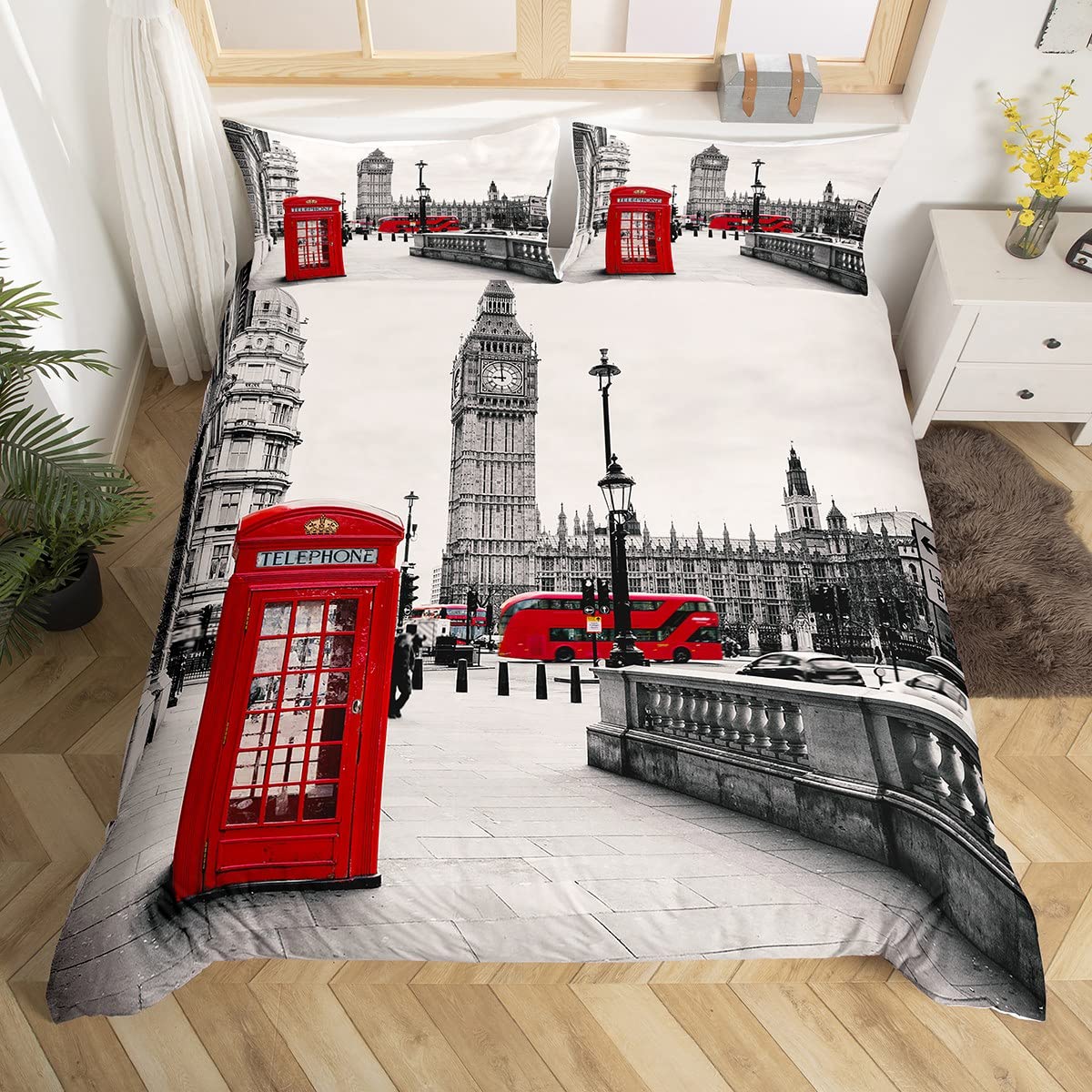 London Bedding Set Full Size, Kids Adults Telephone Booth The Big Ben Decor Duvet Cover Red Grey Comforter Cover Set, Nostalgic