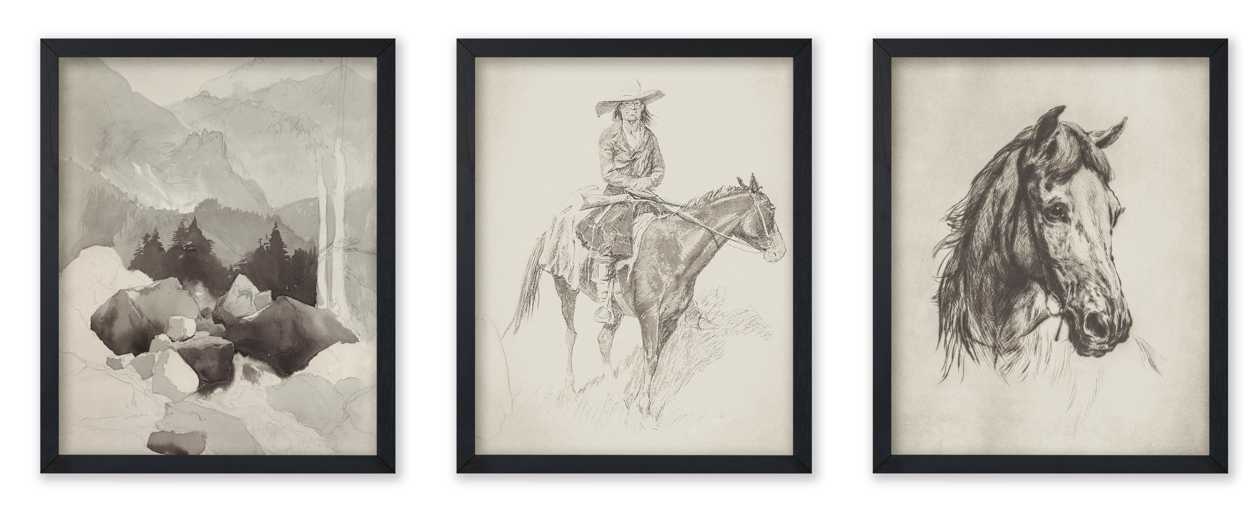Poster Master 3-Piece Vintage Illustration Poster - Retro Minimalist Print - Gift for Artist, Friend - Mountains, Cowboy Riding,