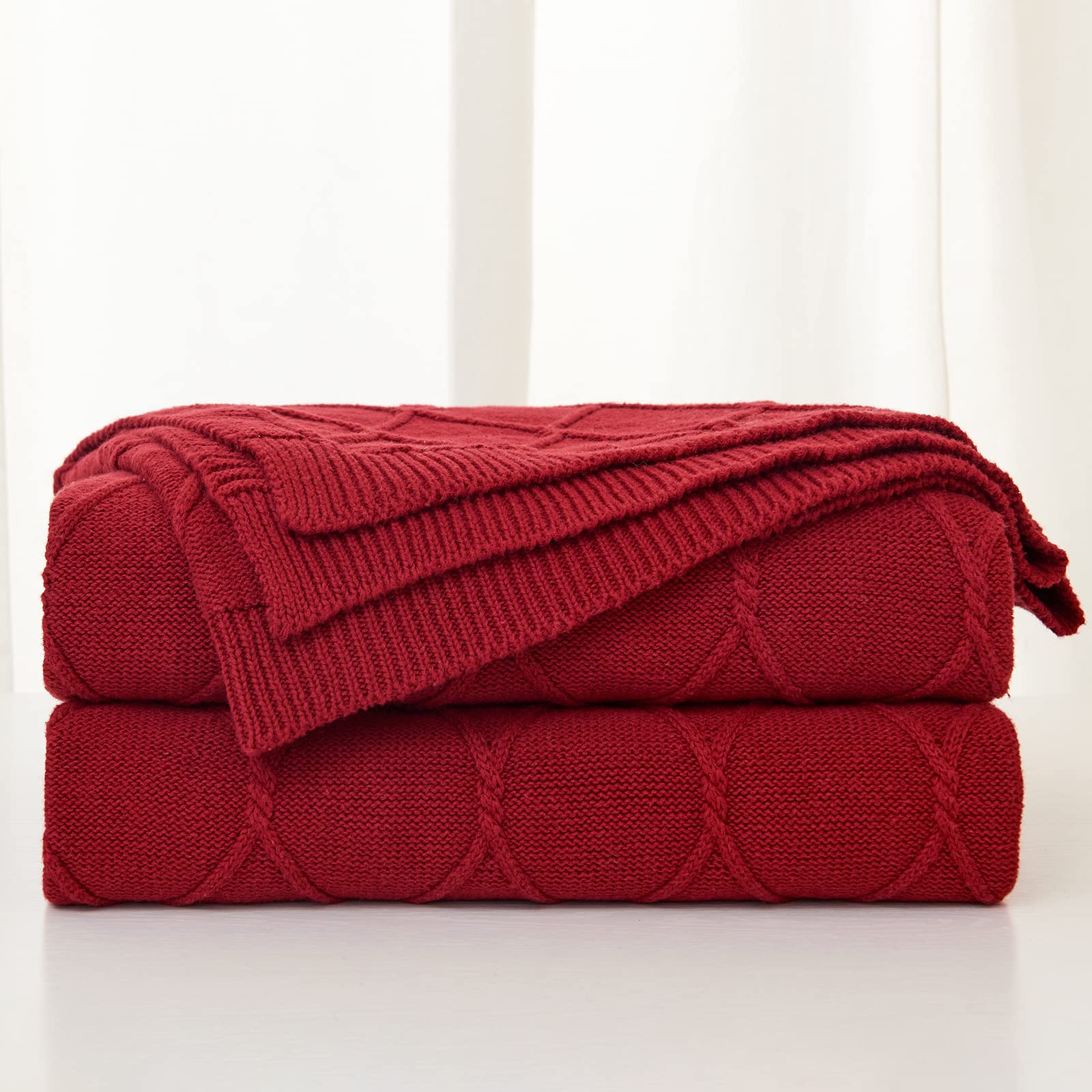 Longhui Bedding 100% Cotton Burgundy Cable Knit Throw Blanket With Bonus Laundering Bag - Large 60 X 80 Inch Thick, Extra Cozy,