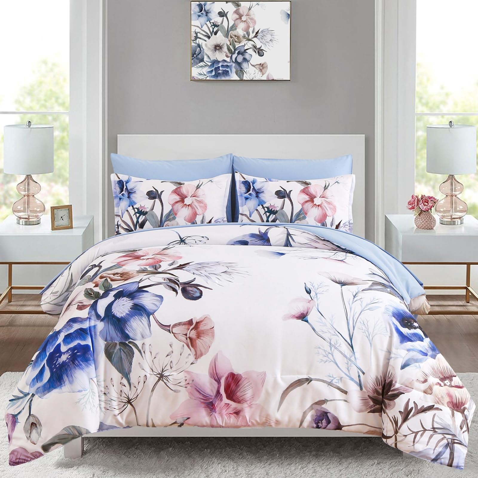 Luxudecor Floral Comforter Set Queen Size 7 Piece, Blue Flower Bed In A Bag, Elegant Floral Comforter With Sheet Set, Soft Micro