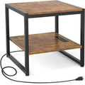 Homieasy End Table With Charging Station, 20 Inch Square Side Table With Usb Ports & Power Outlets, Industrial Nightstand With 2-Tier Storage Shelf, Mini Fridge Stand For Small Spaces, Rustic Brown