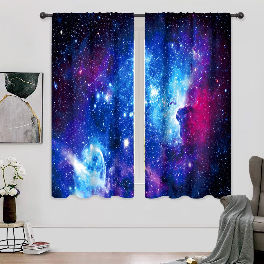 Riyidecor Galaxy Outer Space Nebula Thin Fabric Curtains 2 Panels 41X62 Inch Blue Not Blackout Rod Pocket Universe Planets Fanta