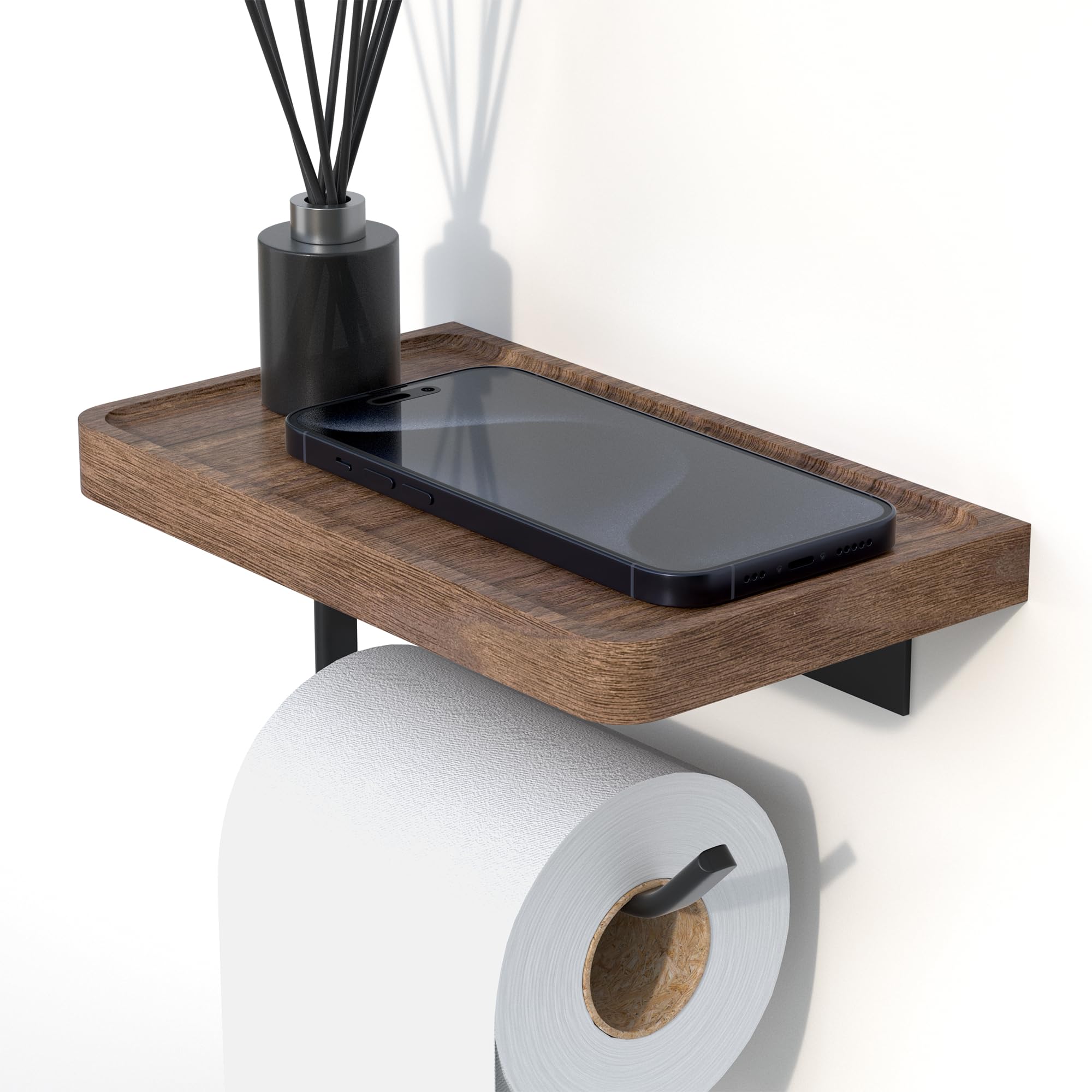IURRDOP Toilet Paper Holder with Black Walnut Wood Shelf, Wall Mounted & Adhesive Mounted Wooden Shelf for Hanging Roll Tissue, 