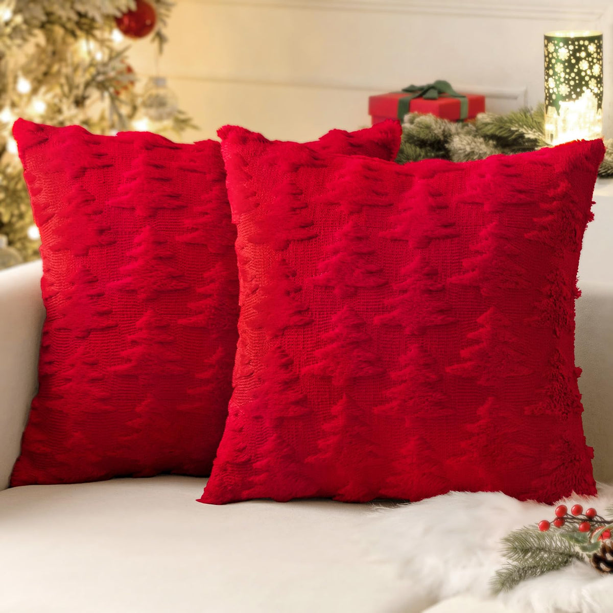 Miulee Red Throw Pillow Covers Christmas Tree Decorative Pillow Covers 20X20 Inch Soft Plush Faux Wool Pillow Covers Set Of 2 Fa