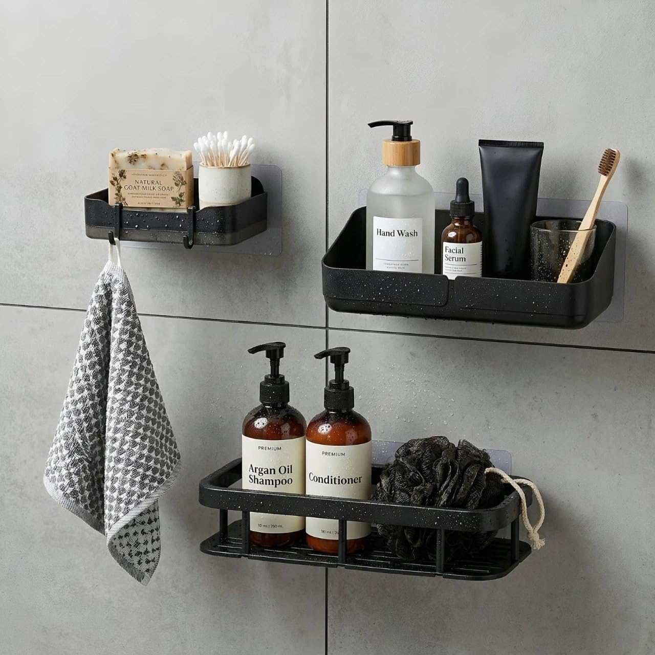 Ltv Wall Mounted Bathroom Shelf Organiser, Self Adhesive, Plastic, Modern Style, 3 Piece Set