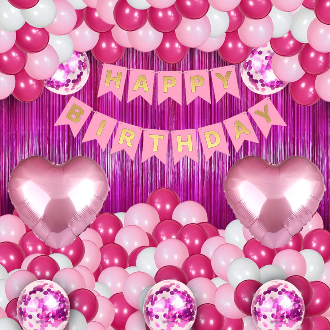 Rozi Decoration Happy Birthday Party Decoration Combo Set Contains Banner, Confetti Metallic Balloons, Foil Fringe Curtain | Pin