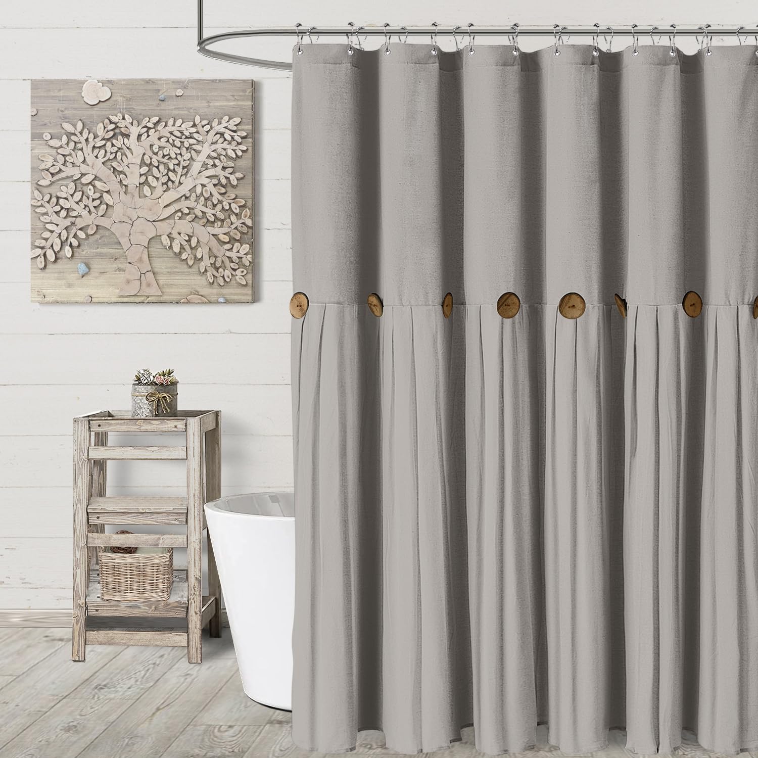 Awellife Linen Button Farmhouse Shower Curtain,Linen And Cotton Woven Fabric,Country Style (Grey, 72' L X 72' W)