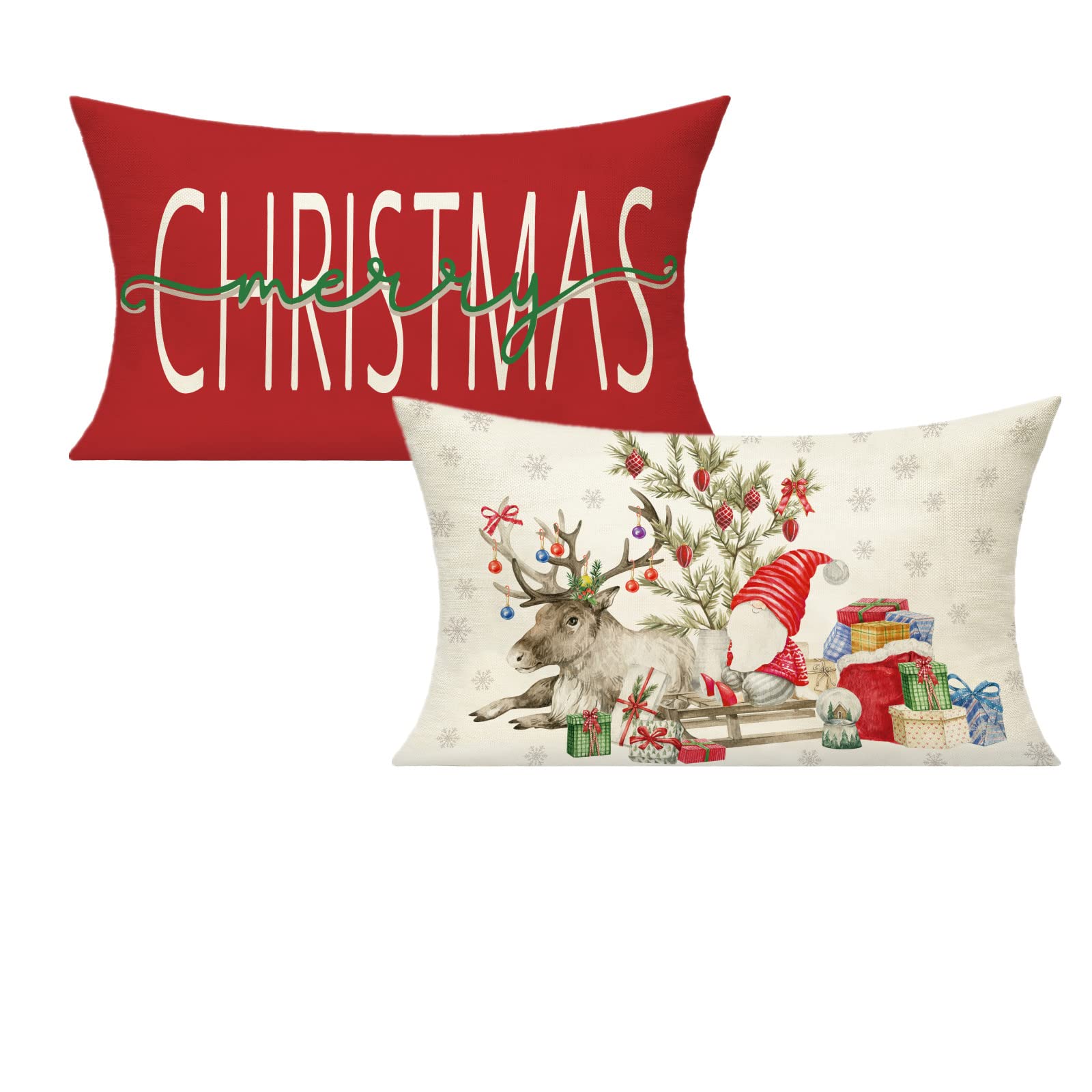Vakado 12X20 Christmas Outdoor Lumbar Throw Pillow Covers Set Of 2 Farmhouse Red Deer Gnome Tree Snowman Xmas Winter Holiday Cus