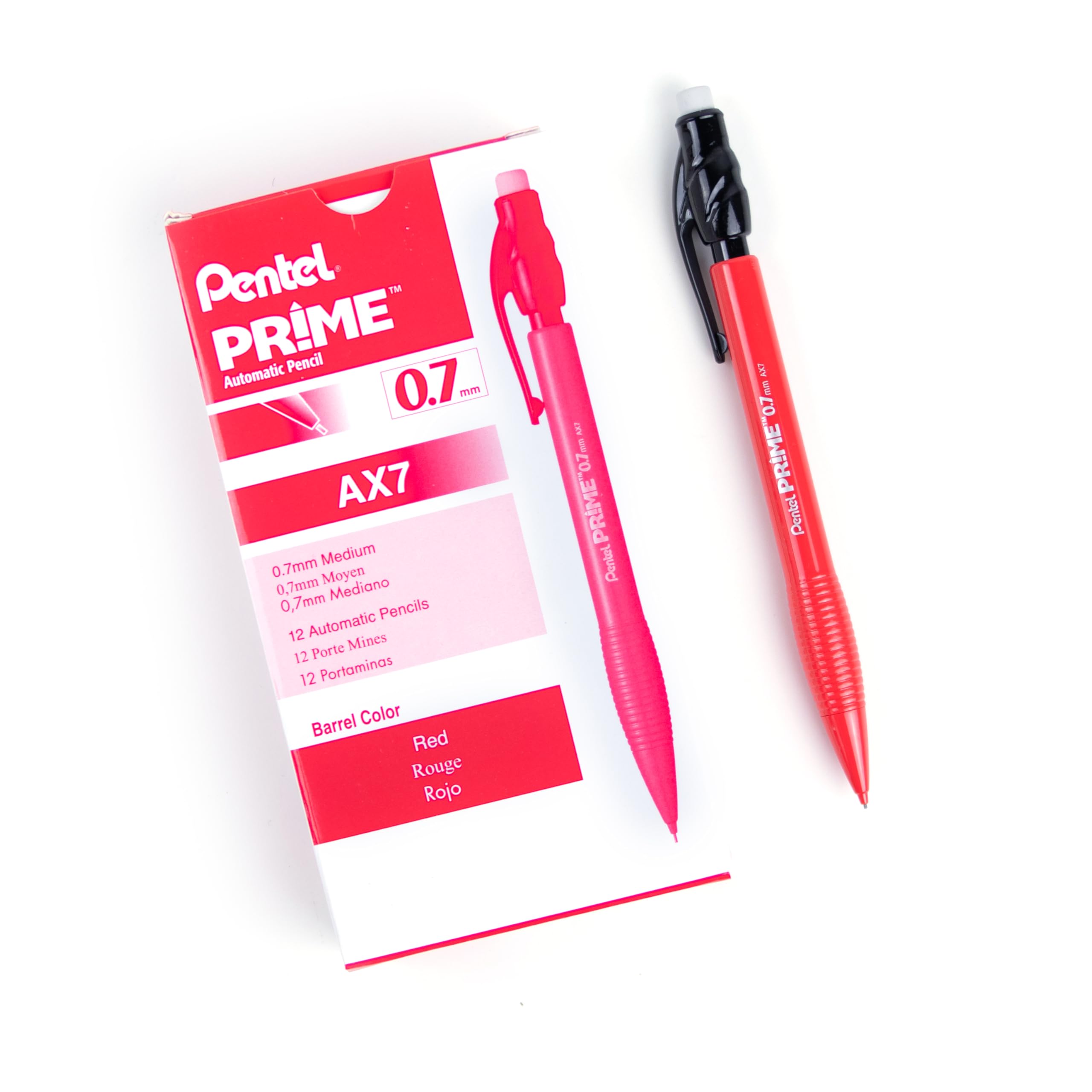 Pentel Prime Mechanical Pencil 0.7Mm, Red Barrel, Box Of 12 (Ax7B)