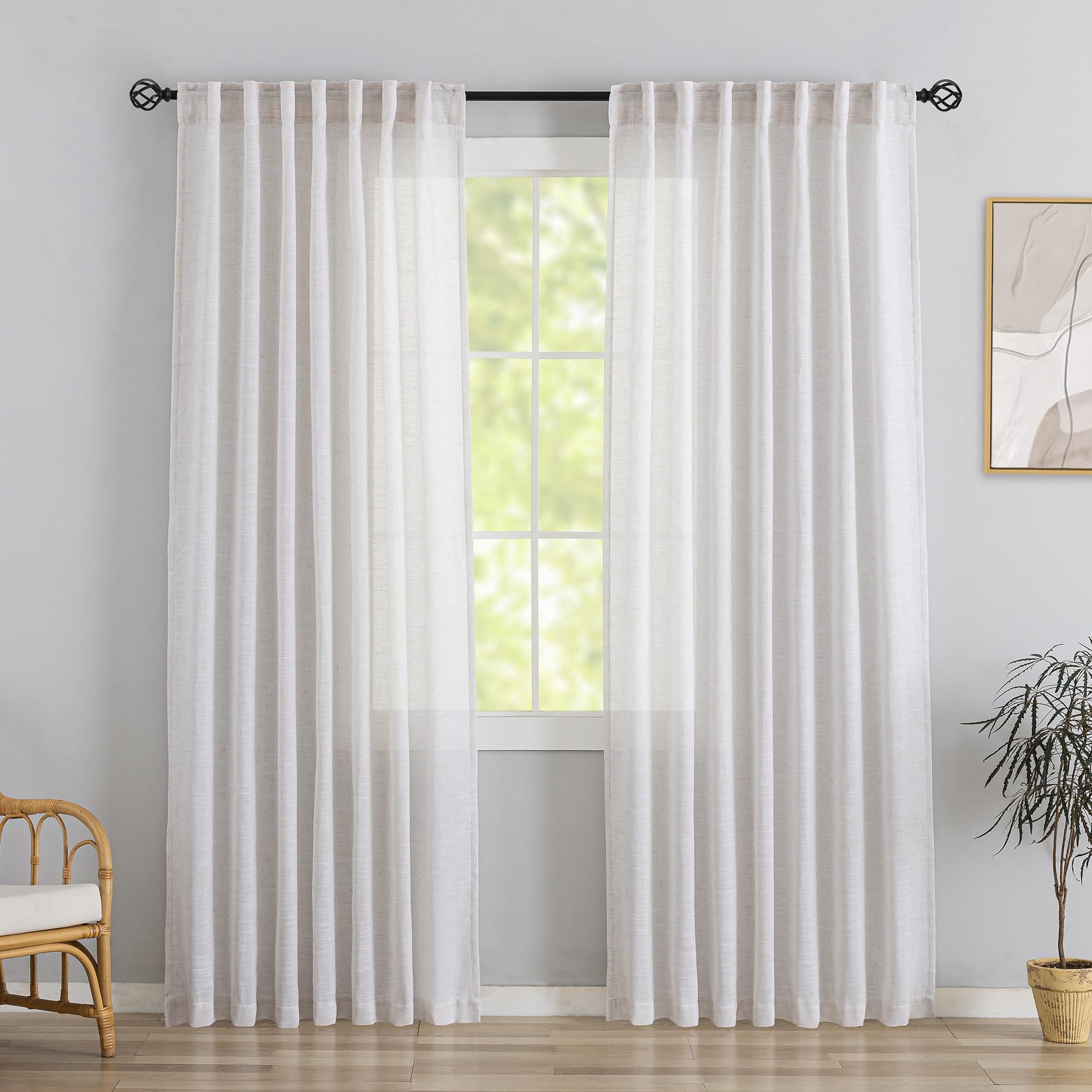 White With Linen Back Tab Curtains 84 Inches Long 2 Panels Set For Bedroom - Modern Farmhouse Hooks Belt Pleated Semi Privacy Drapes Shabby Chic Pocket Light Filtering Window Curtains W52 X L84