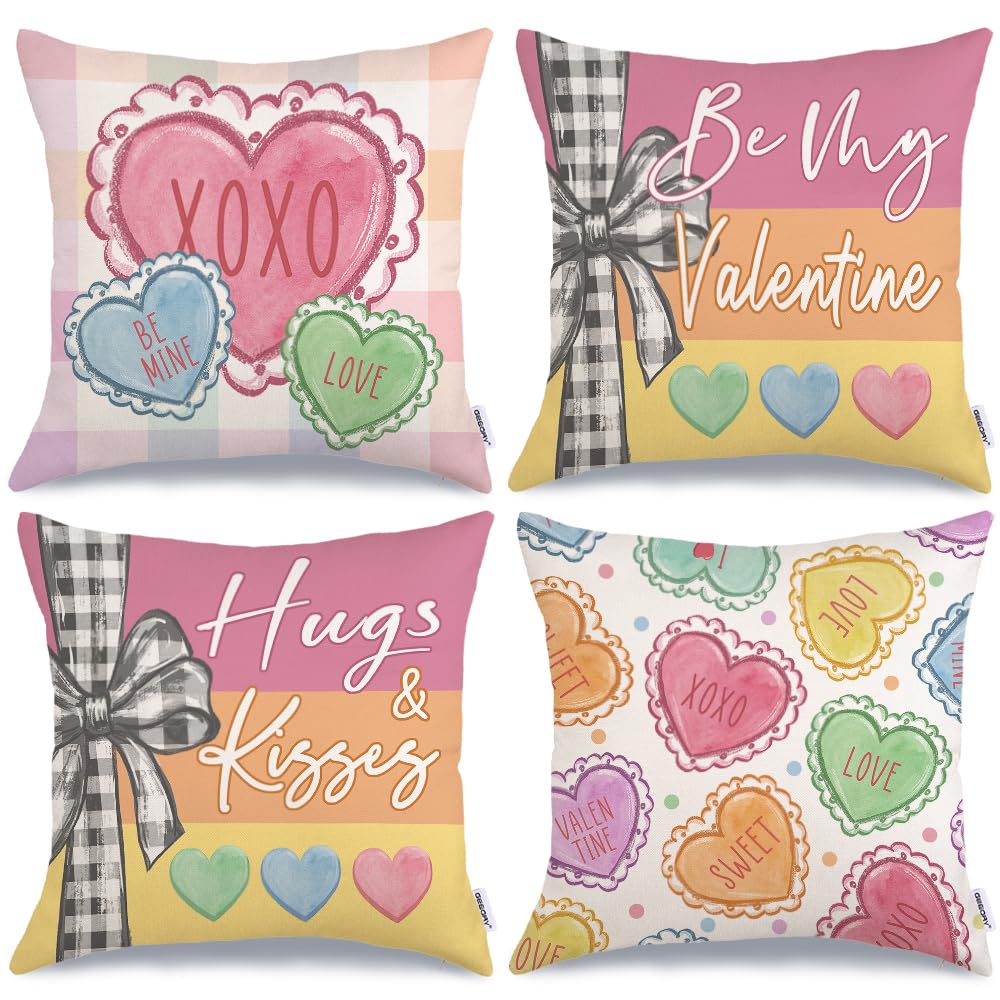 Geeory Valentine'S Day Throw Pillow Covers 18X18 Inch Set Of 4, Be My Valentine Hearts Hugs Kisses Love Xoxo Sweet Decorative Fa