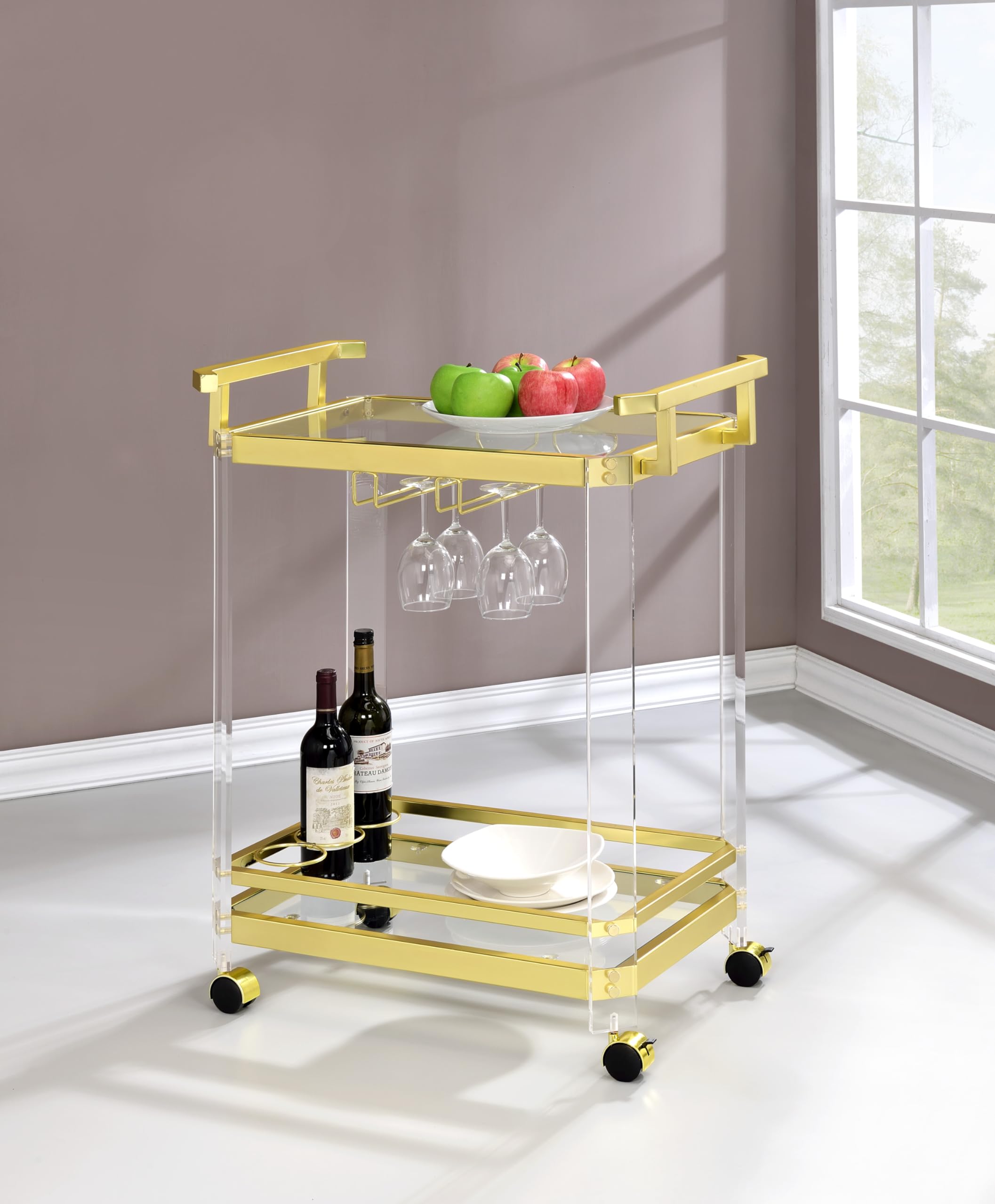Steve Silver Furniture Aerin Server Cart, Acrylic and Tempered Glass, Gold Chrome Finish, w/Bottle and Stemware Storage, 3-Wine Bottle Storage, Dining Room, 17" D x 28" W x 35" H, Gold/Chrome
