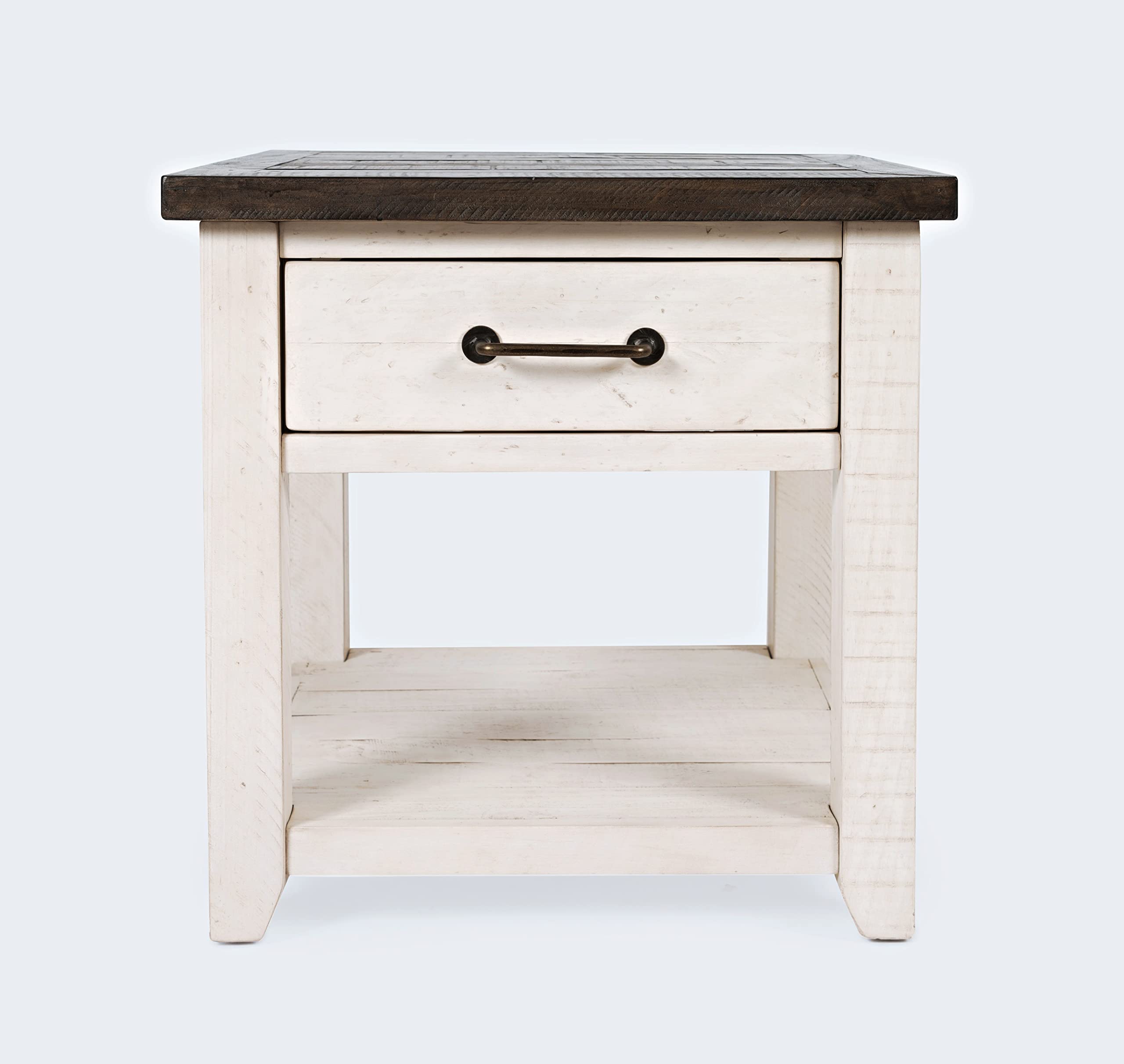 Jofran Madison County Reclaimed Solid Wood Rustic Farmhouse Harris End Table with Drawer and Shelf, Vintage White