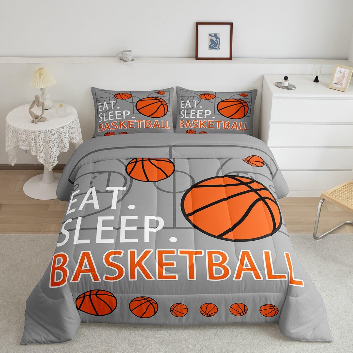 Feelyou Twin Size Basketball Comforter Set Boys Girls Grey Bedding Set for Kids Teens Gaming Sports Ball Comforter Basketball Co