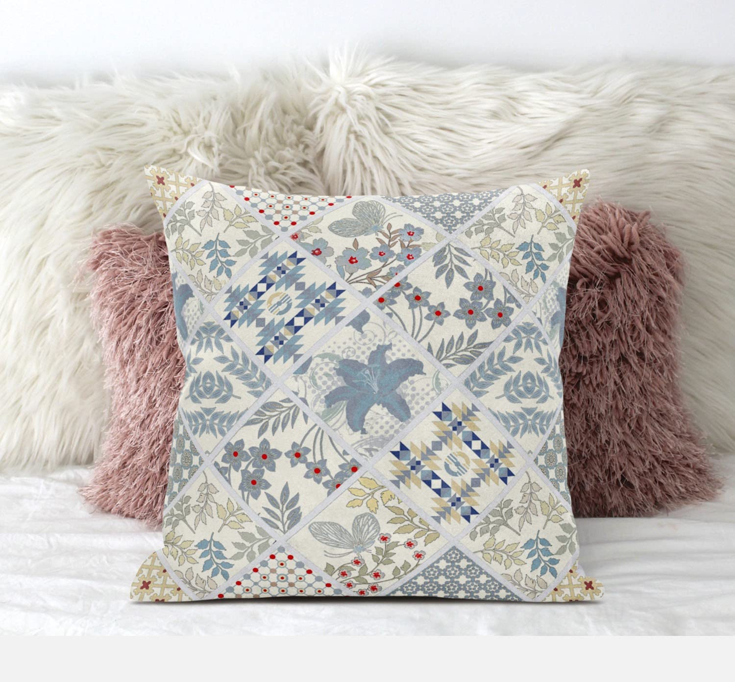 HomeRoots Light Grey Cream 18â€ White Blue Patch Suede Zippered Throw Pillow