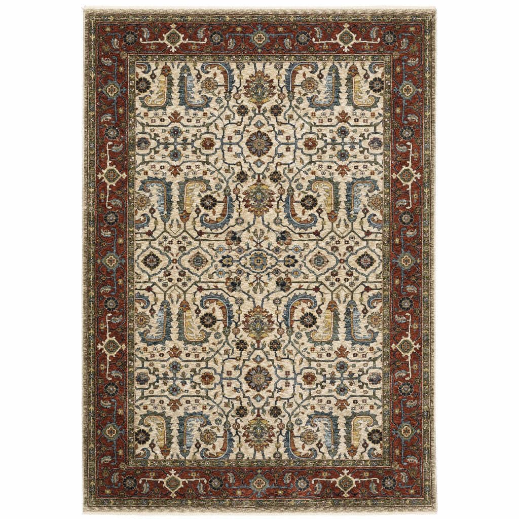 HomeRoots 507988 10 x 13 ft. Ivory Red Green Gray Blue & Navy Oriental Power Loom Stain Resistant Rectangle Area Rug with Fringe