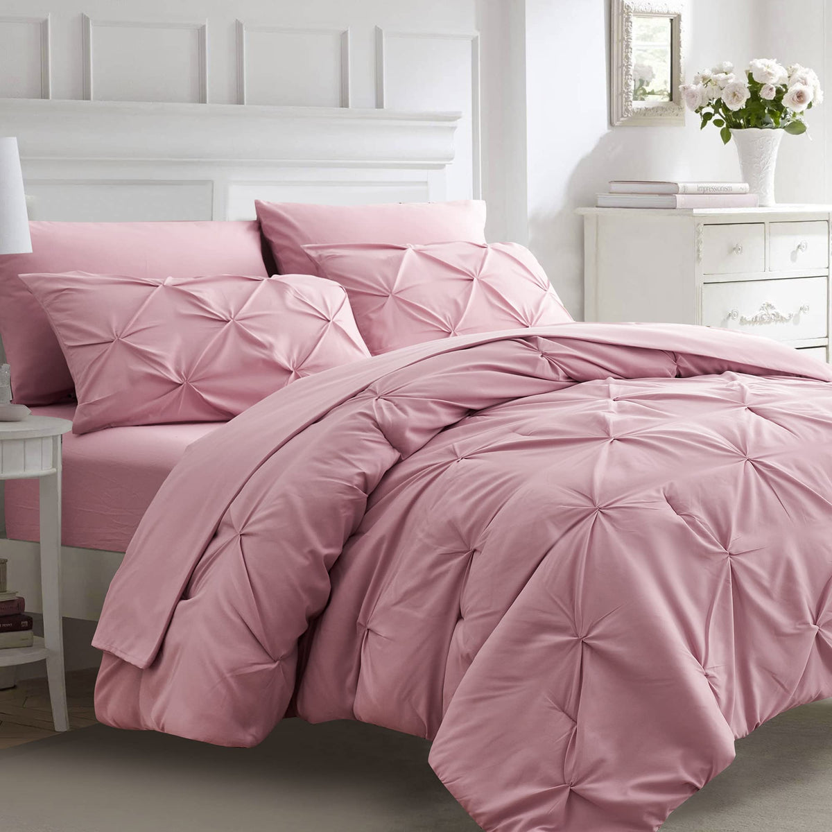 Ubauba 7Pc Pink Queen Comforter Set, Pintuck Bed In A Bag Blush Bed Set With Comforters And Sheets 7 Piece, All Season Pinched B