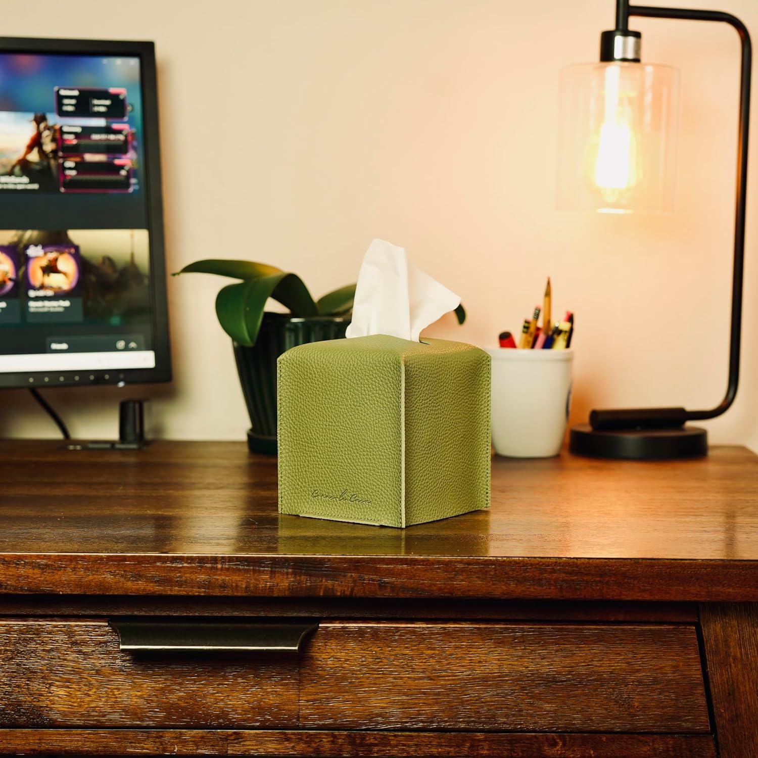 Connsole Casa Premium Pu Leather Tissue Box Holder - Elegant Hotel-Style Green Tissue Box Cover For Enhanced D  Cor Of Home Offi