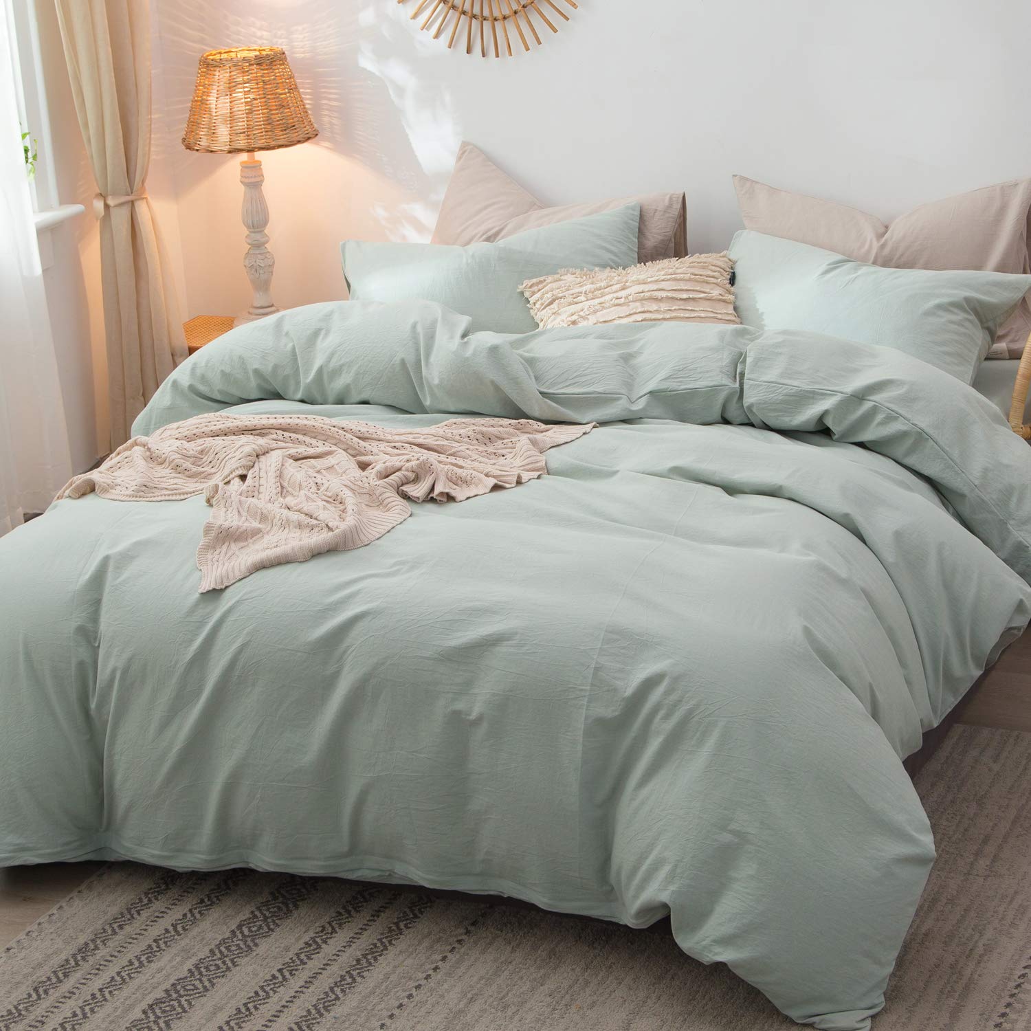 Moomee Bedding Duvet Cover Set 100% Washed Cotton Linen Like Textured Breathable Durable Soft Comfy (Sage Green, Twin)