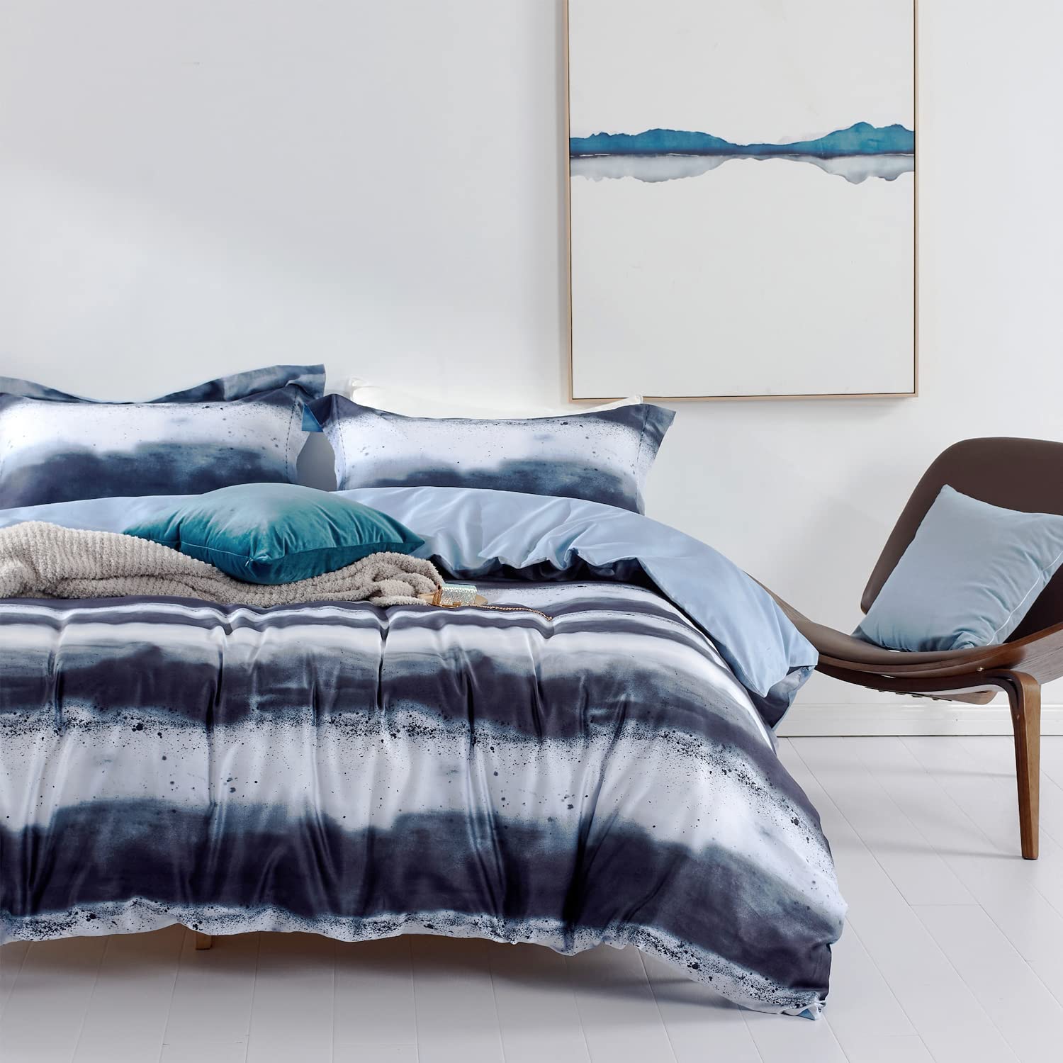 Mildly 100% Long-Staple Cotton Duvet Cover Set Navy & White Striped Watercolor Pattern Printed Comforter Cover 3Pcs, Ultra Soft