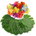 KUUQA 88 Pcs 20cm/8 Tropical Palm Leaves and Silk Hibiscus Flowers Party Decor, Artificial Monstera Plant Leaves Flowers Hawaiia