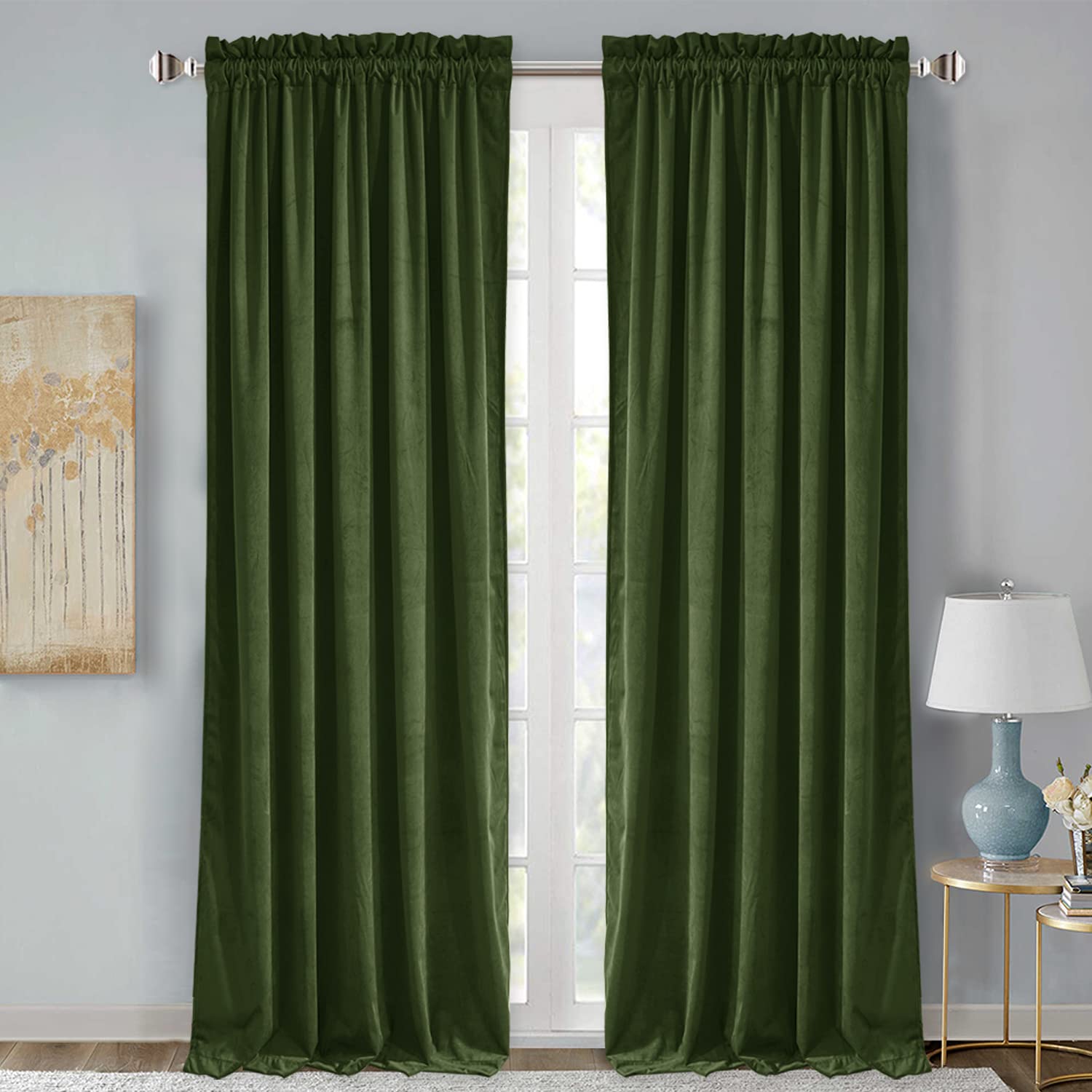 Stangh Moss Green Velvet Curtains - Luxury Green Bedroom Curtains Rod Pocket Blackout Room Darkening Window Drapes For Dining Ro