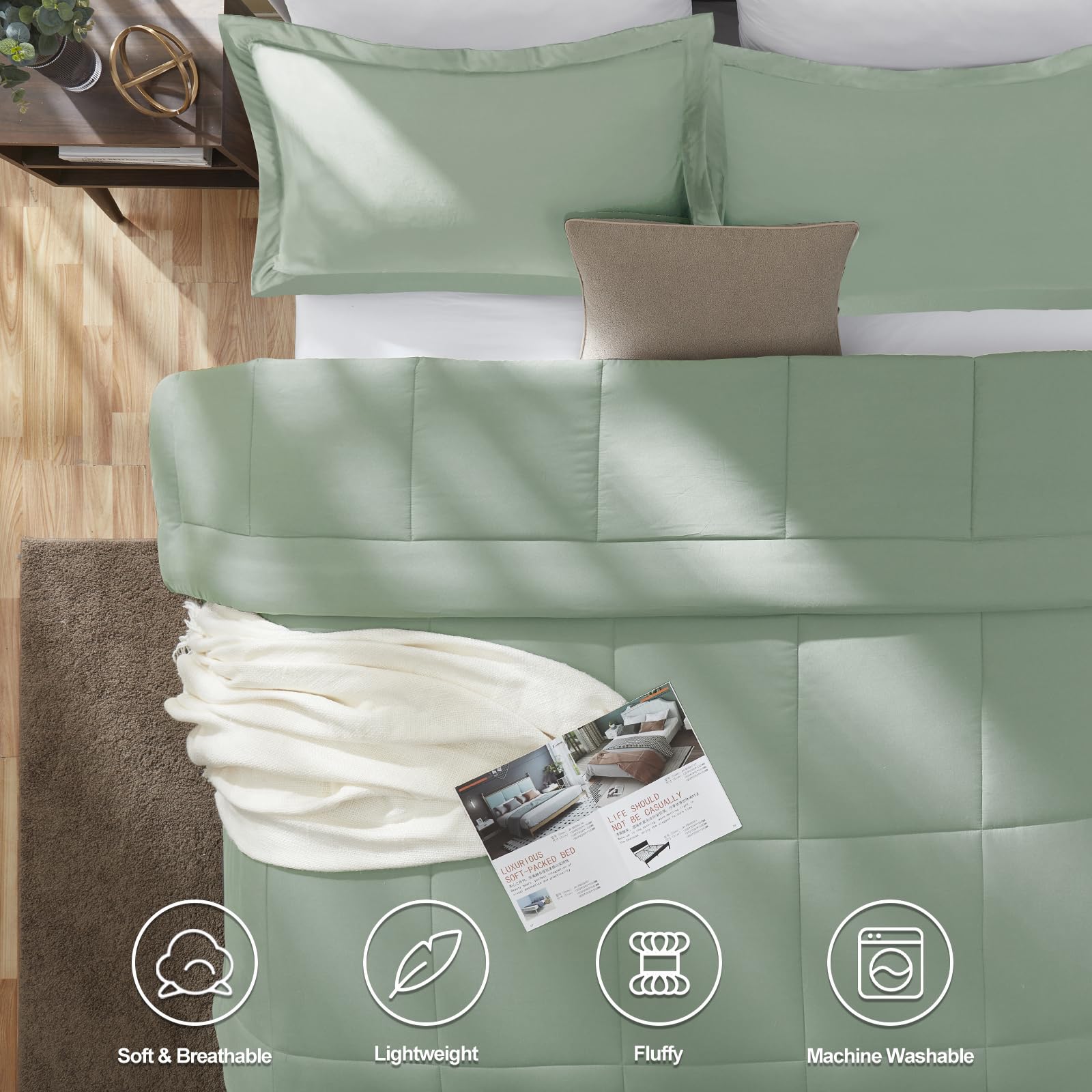 Cozylux King Size Comforter Sets - Sage Green Comforter King Size, 3 Pieces Box Stitched Soft Lightweight Bed Set, All Season Bedding Sets With 1 Down Alternative Comforter And 2 Pillow Shams