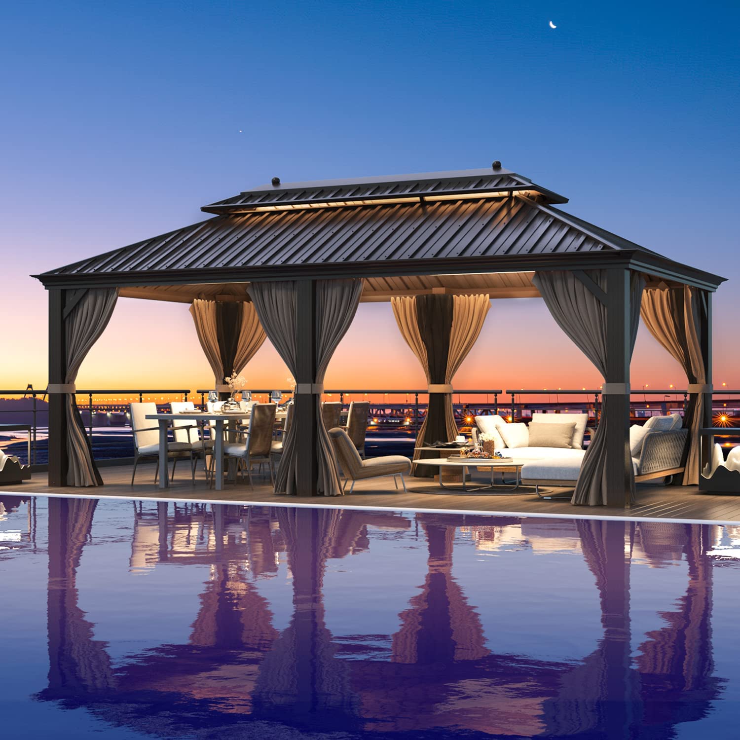 Yoleny 12'X20' Hardtop Gazebo With Galvanized Steel Double Roof, Pergolas Aluminum Frame, Netting And Curtains Included, Metal O