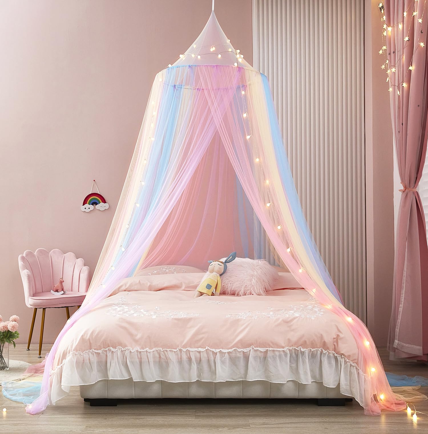 Rainbow Bed Canopy For Girls, Bed Canopy With Lights Canopy For Girls Room Bed Mosquito Netting For Twin Single Full Queen King