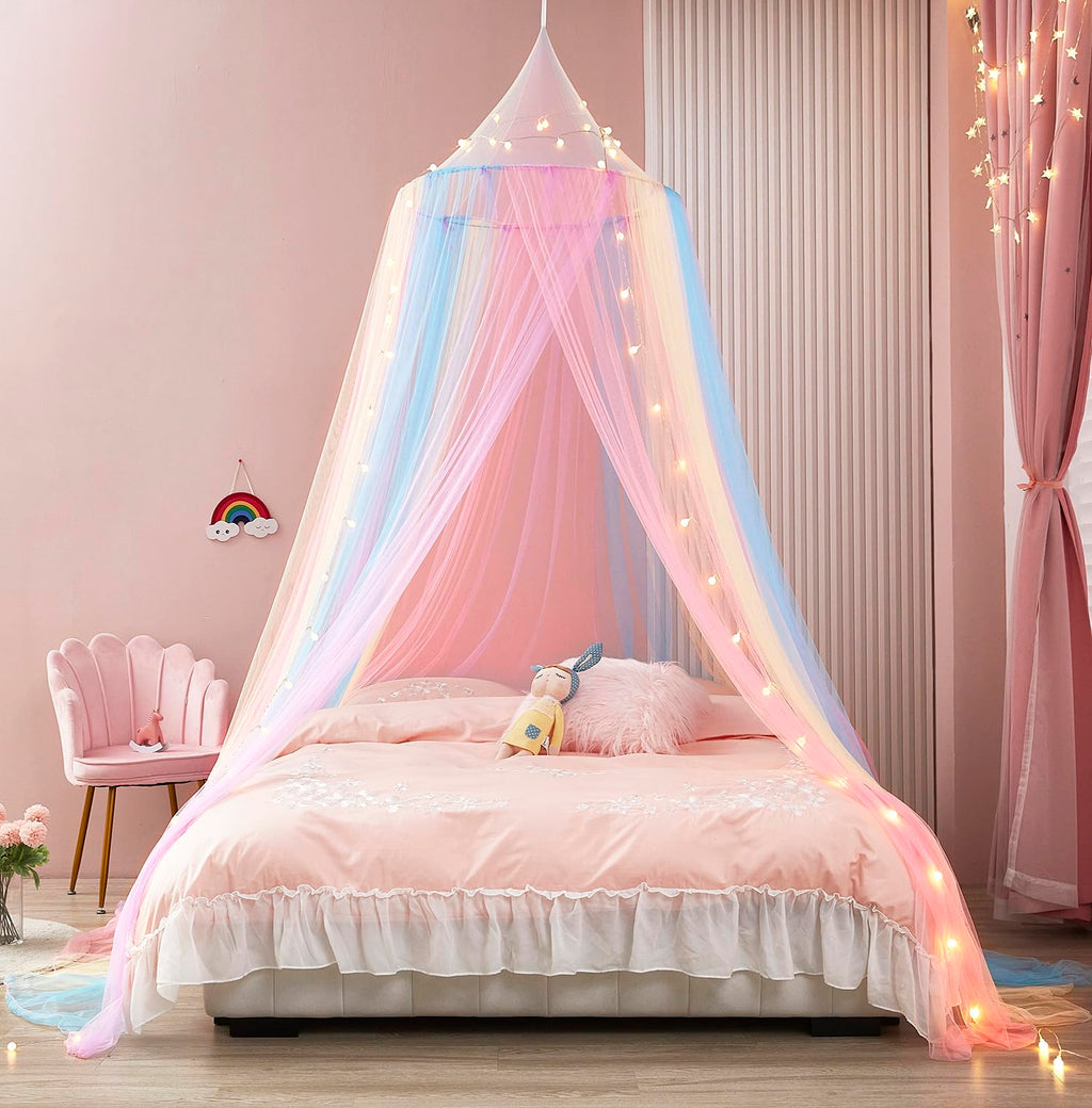 Rainbow Bed Canopy For Girls, Bed Canopy With Lights Canopy For Girls Room Bed Mosquito Netting For Twin Single Full Queen King